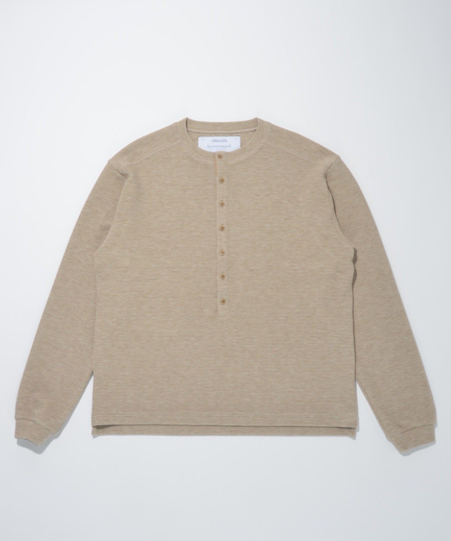 Waffle henley neck L/S T-shirt - beige