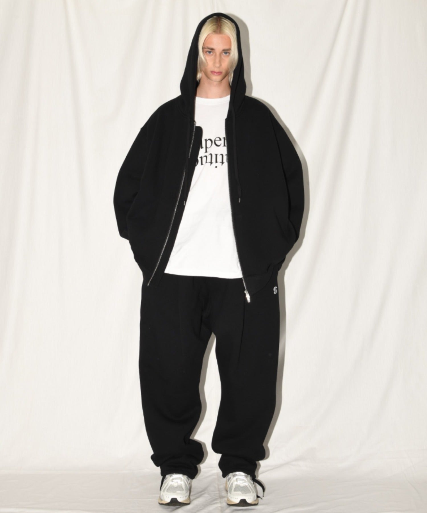 無地ワンポイント裏起毛スウェットパンツ/Wide sweat trousers - navy