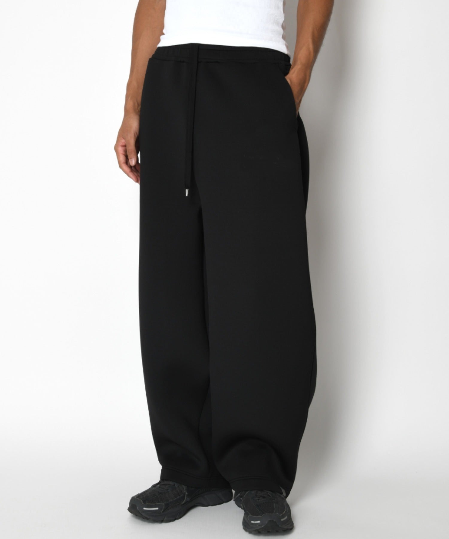 Double-knit Side-tuck Wide Pants (無地) - black
