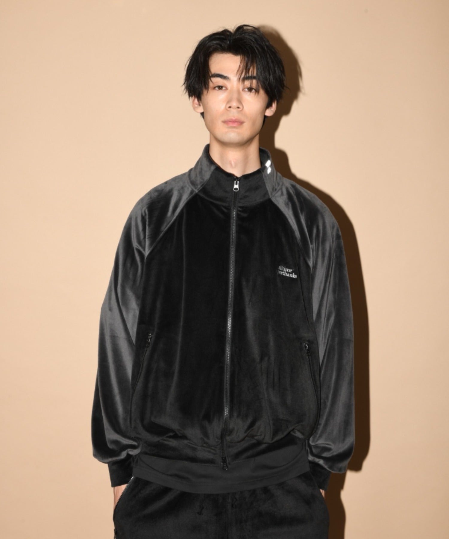 Velour Panel Stand-collar Blouson - black/black