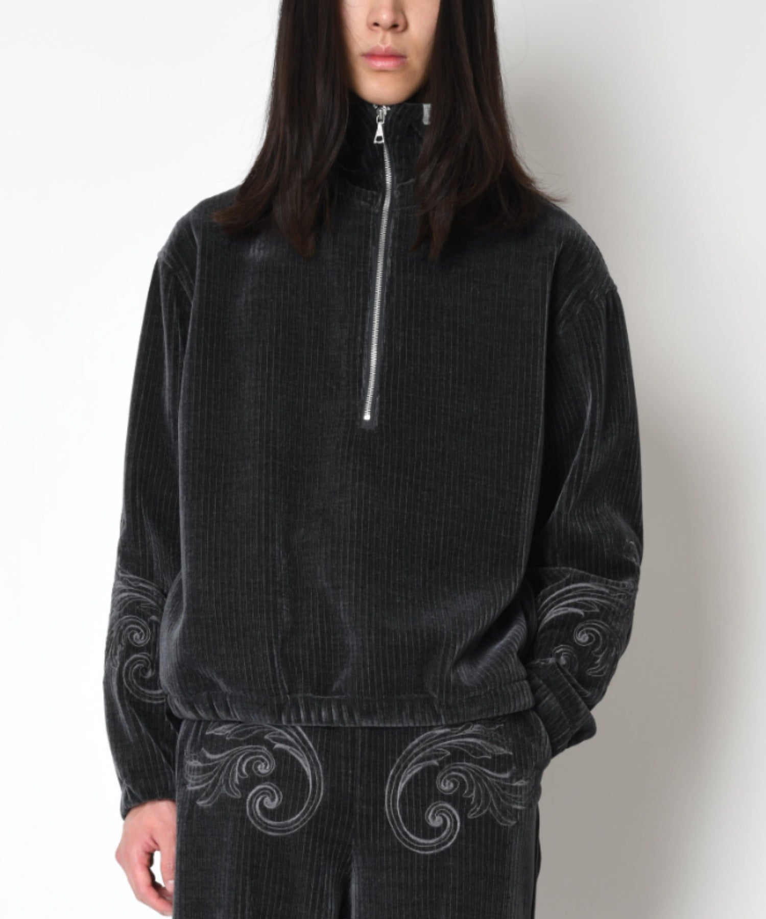 Stretch corduroy Half zip hoodie - c.gray