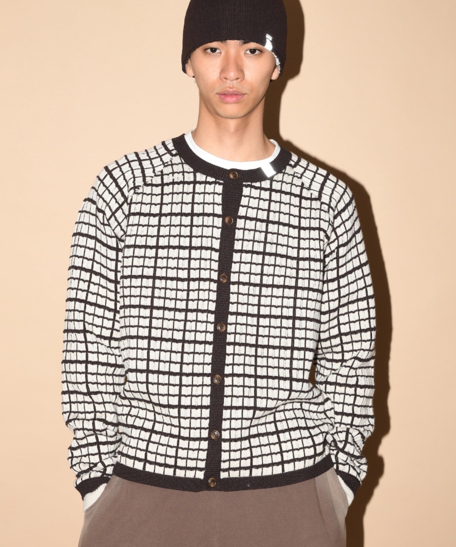 Graph check Knit Cardigan - cream/brown