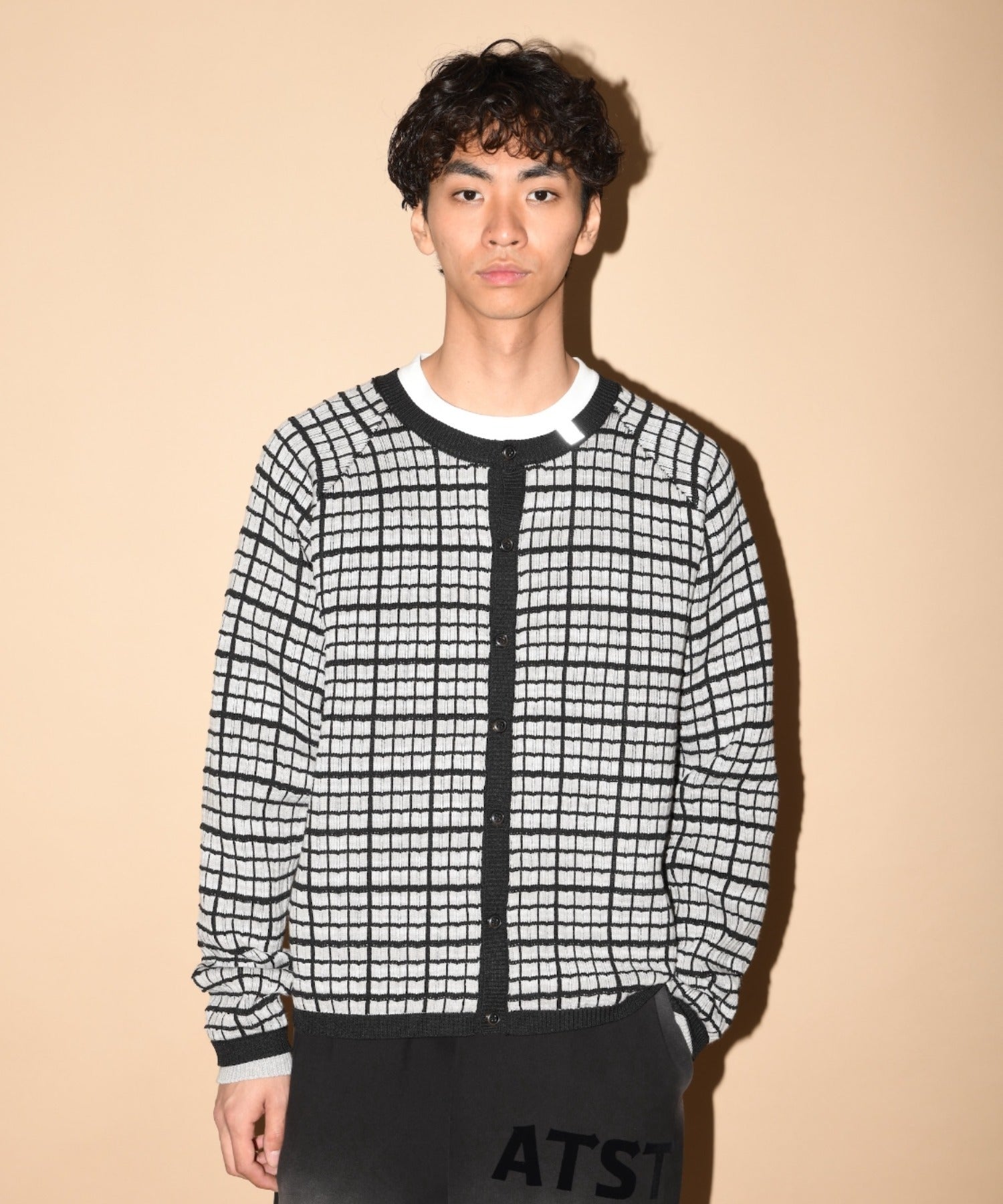 Graph check Knit Cardigan - cream/brown