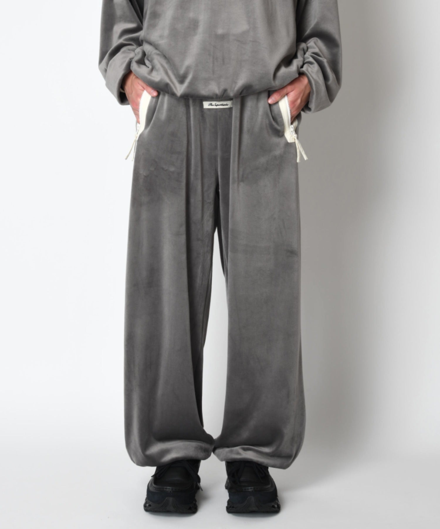 Velour barrel leg line pants - gray/wh