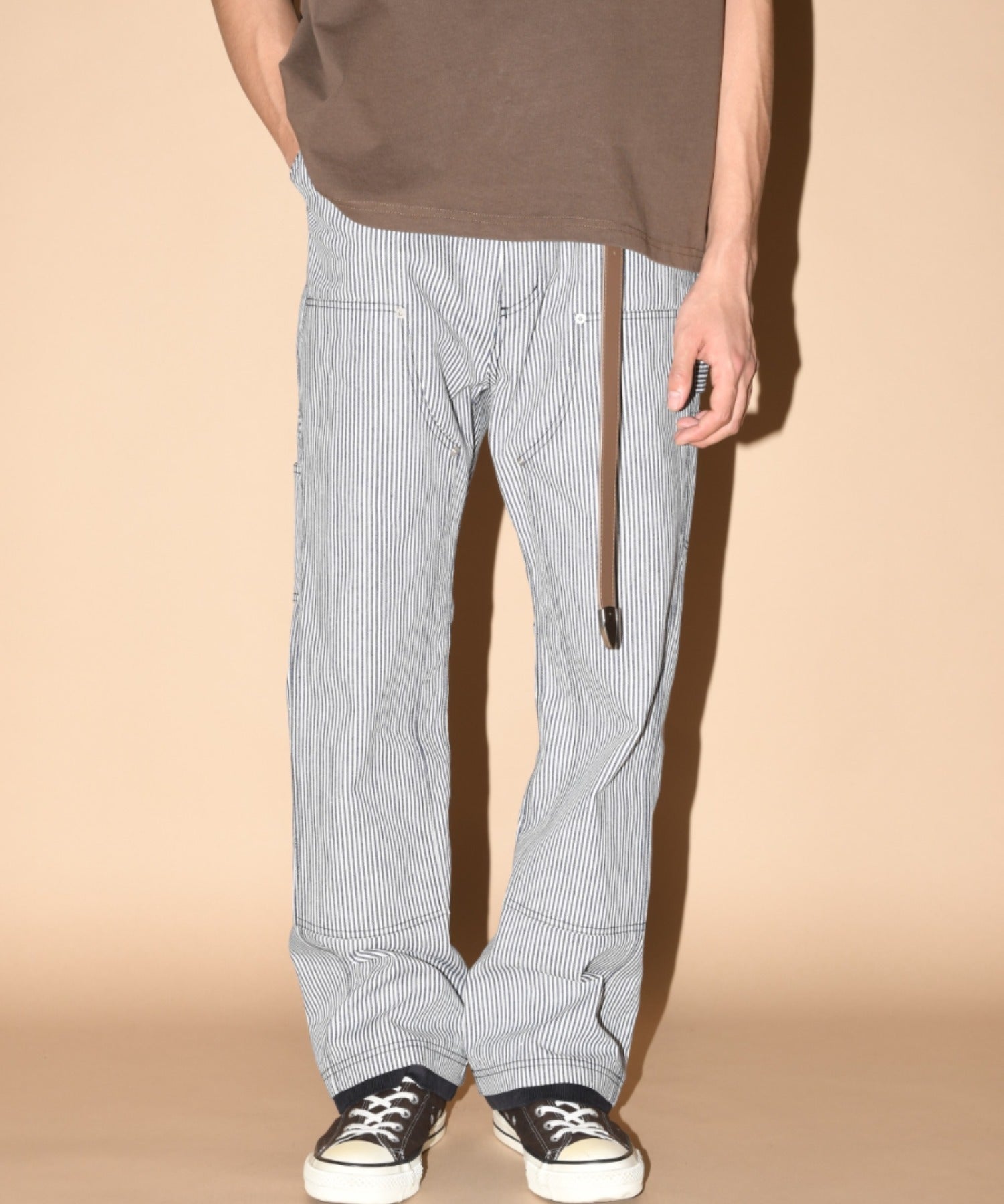 Layered hem Double knee Pants - brown