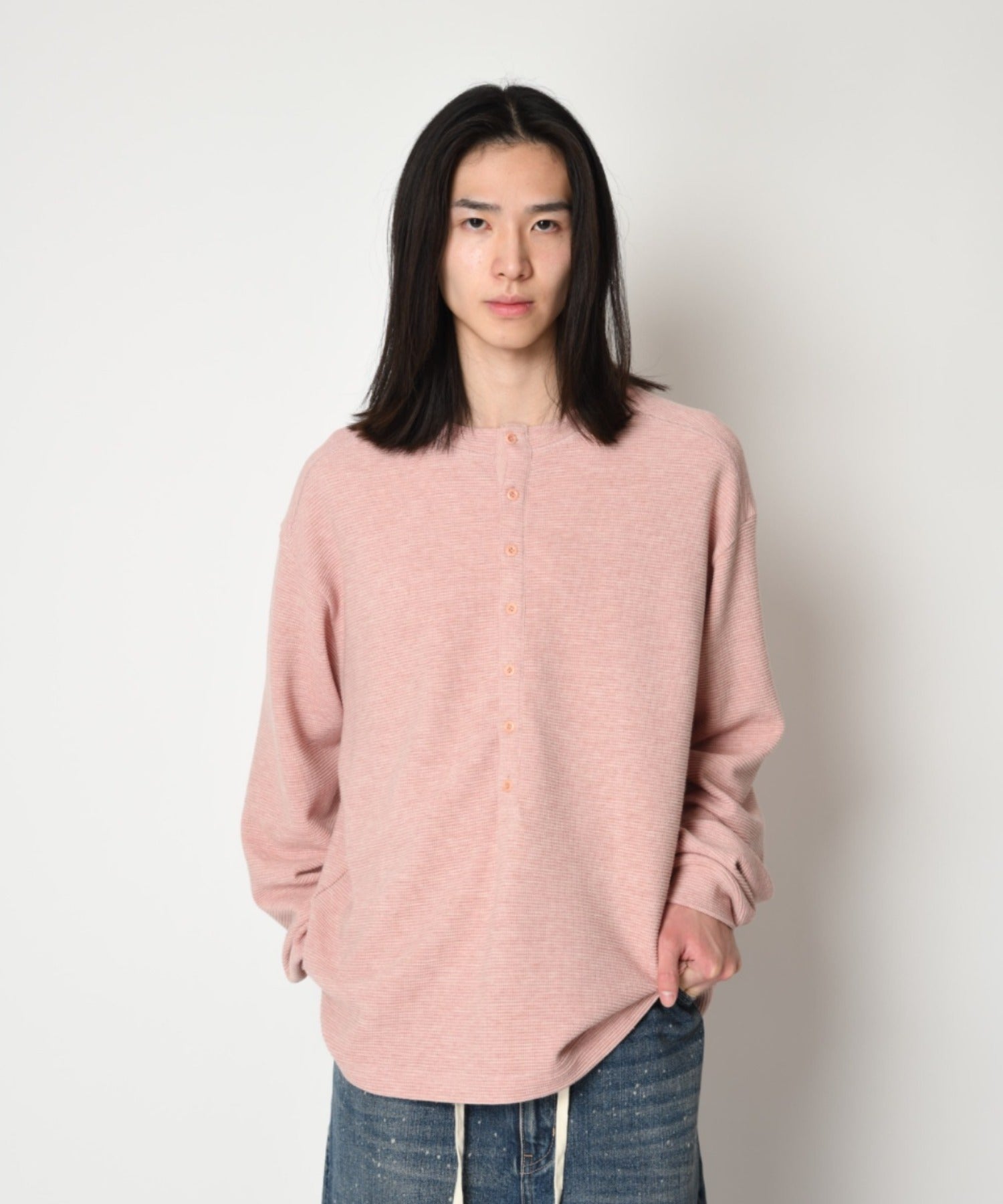 Waffle henley neck L/S T-shirt - pink