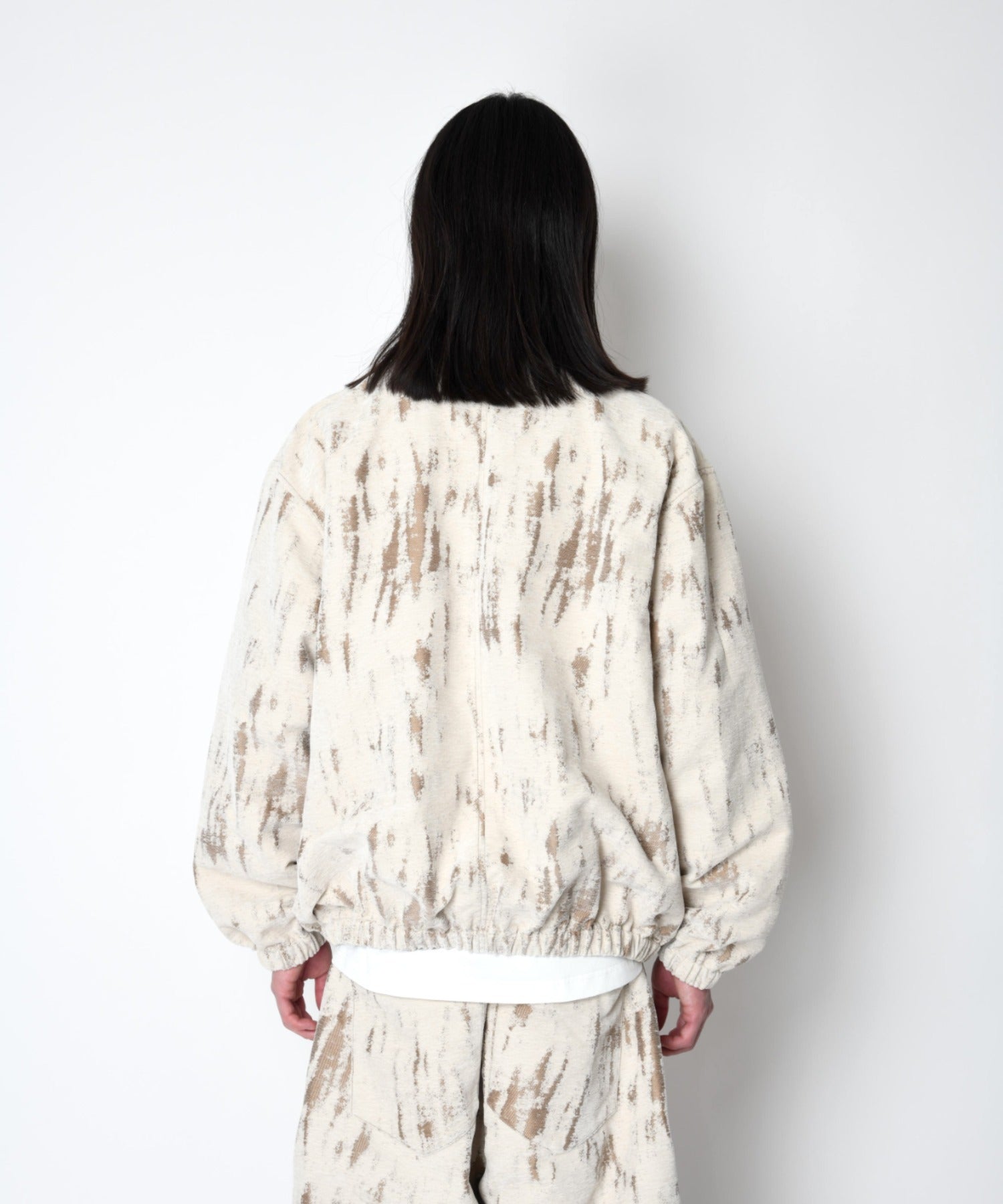 Damage jacquard stand-collar zip blouson - ivory / beige
