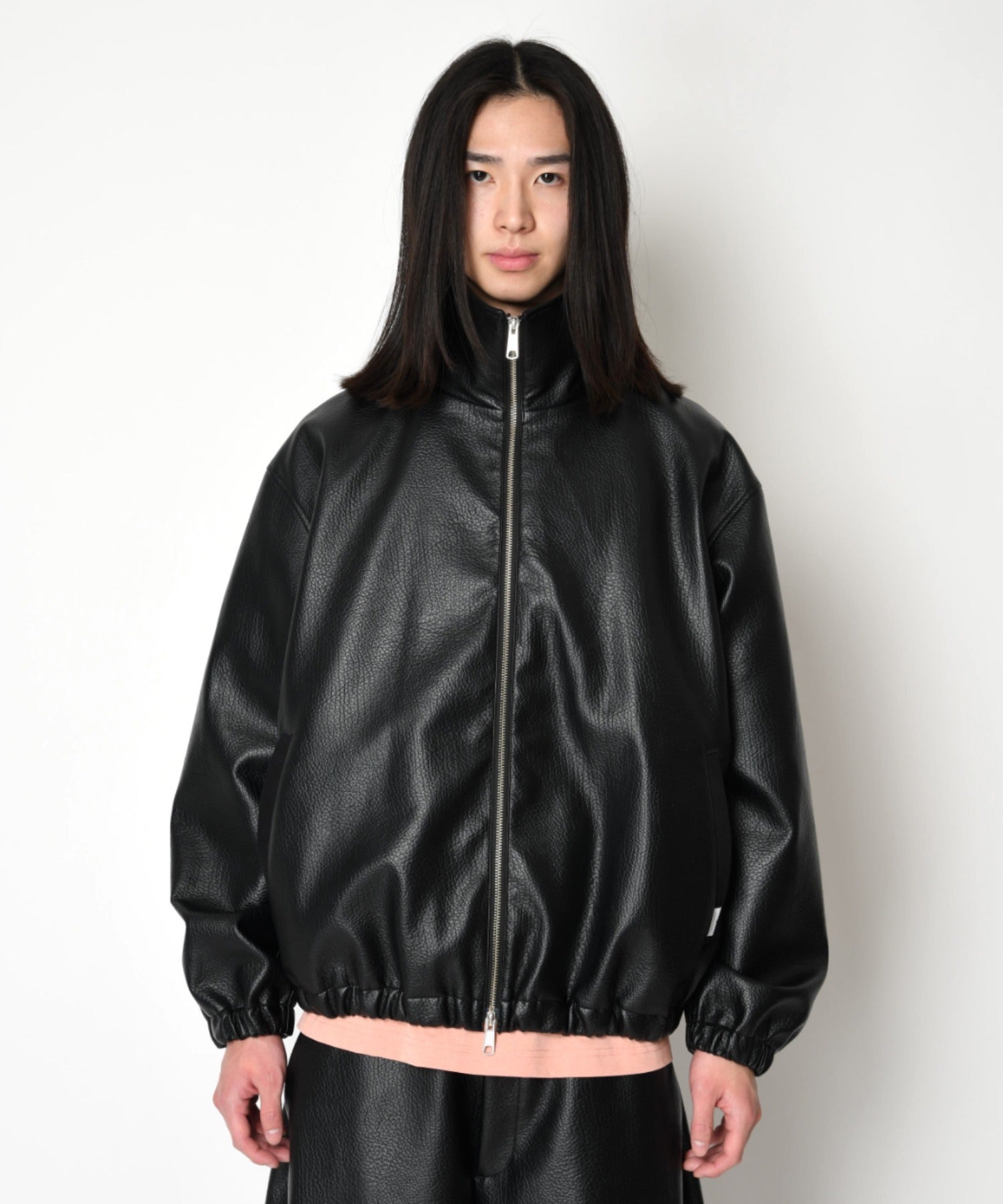 Shrink faux leather stand-collar zip blouson - faux leather black
