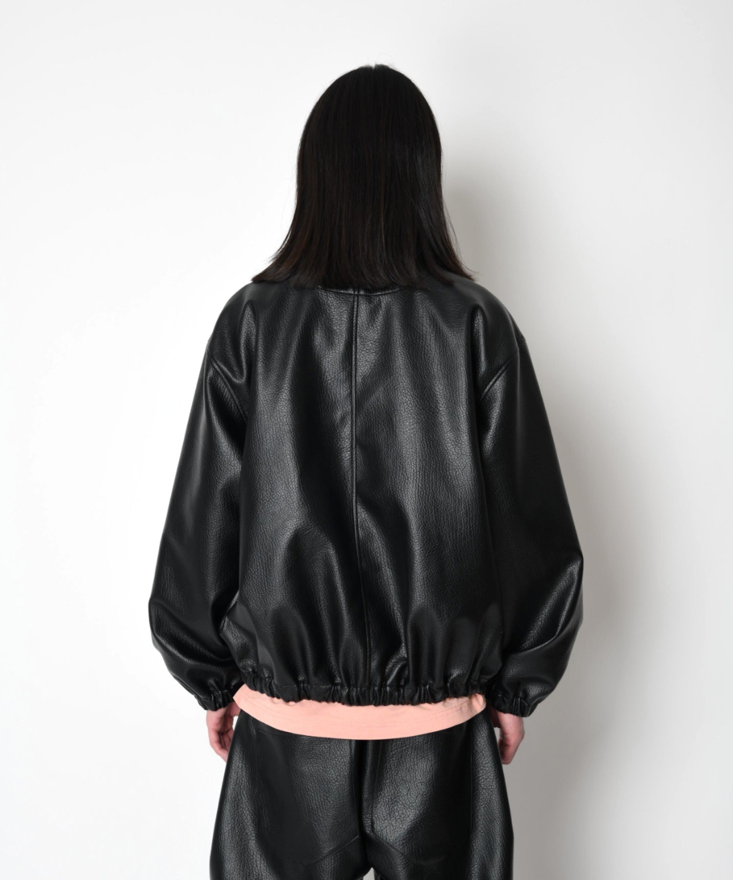 Shrink faux leather stand-collar zip blouson - faux leather black