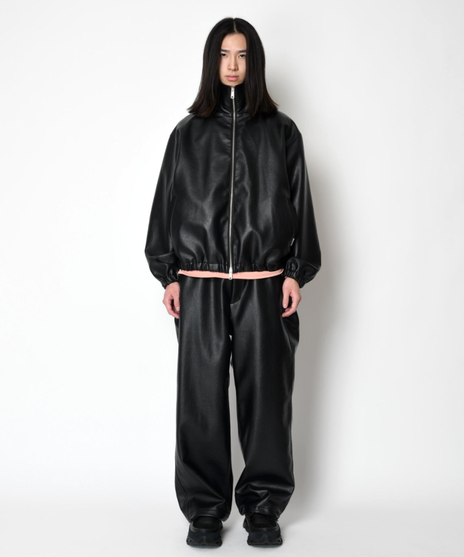 Shrink faux leather stand-collar zip blouson - faux leather black