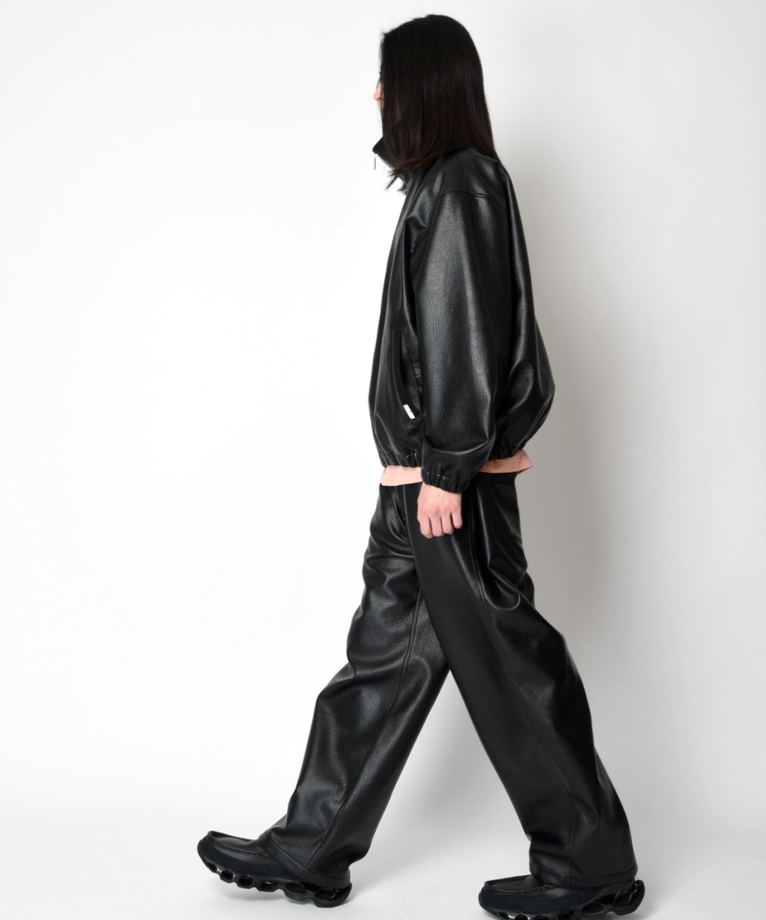 Shrink faux leather stand-collar zip blouson - faux leather black