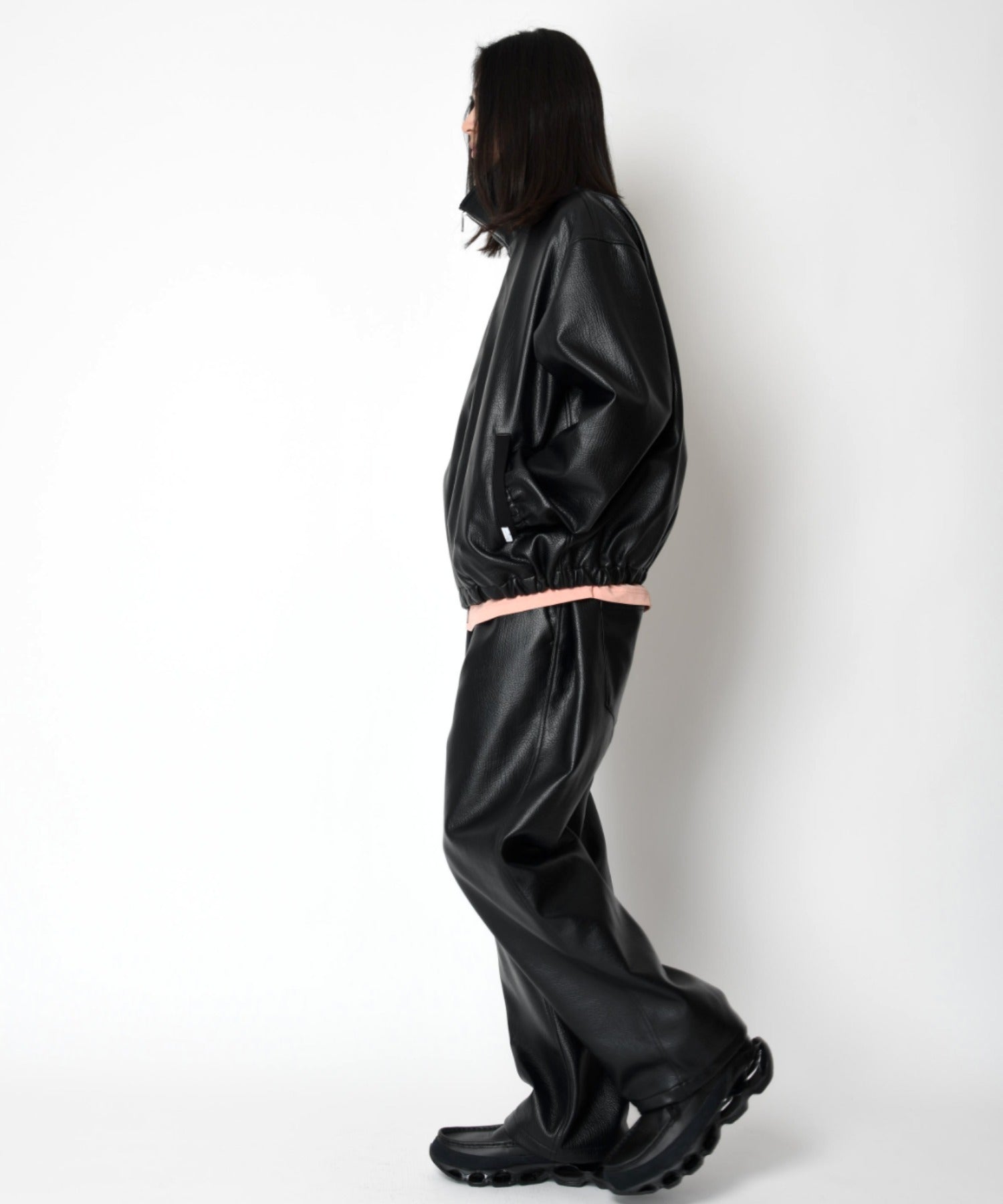 Shrink faux leather stand-collar zip blouson - faux leather black