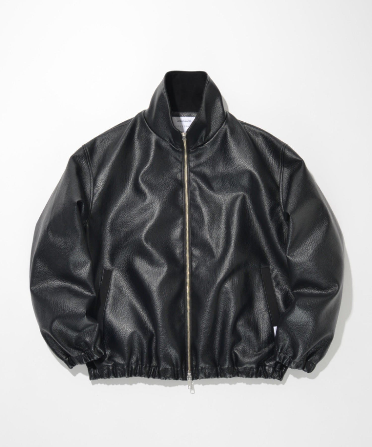 Shrink faux leather stand-collar zip blouson - faux leather black