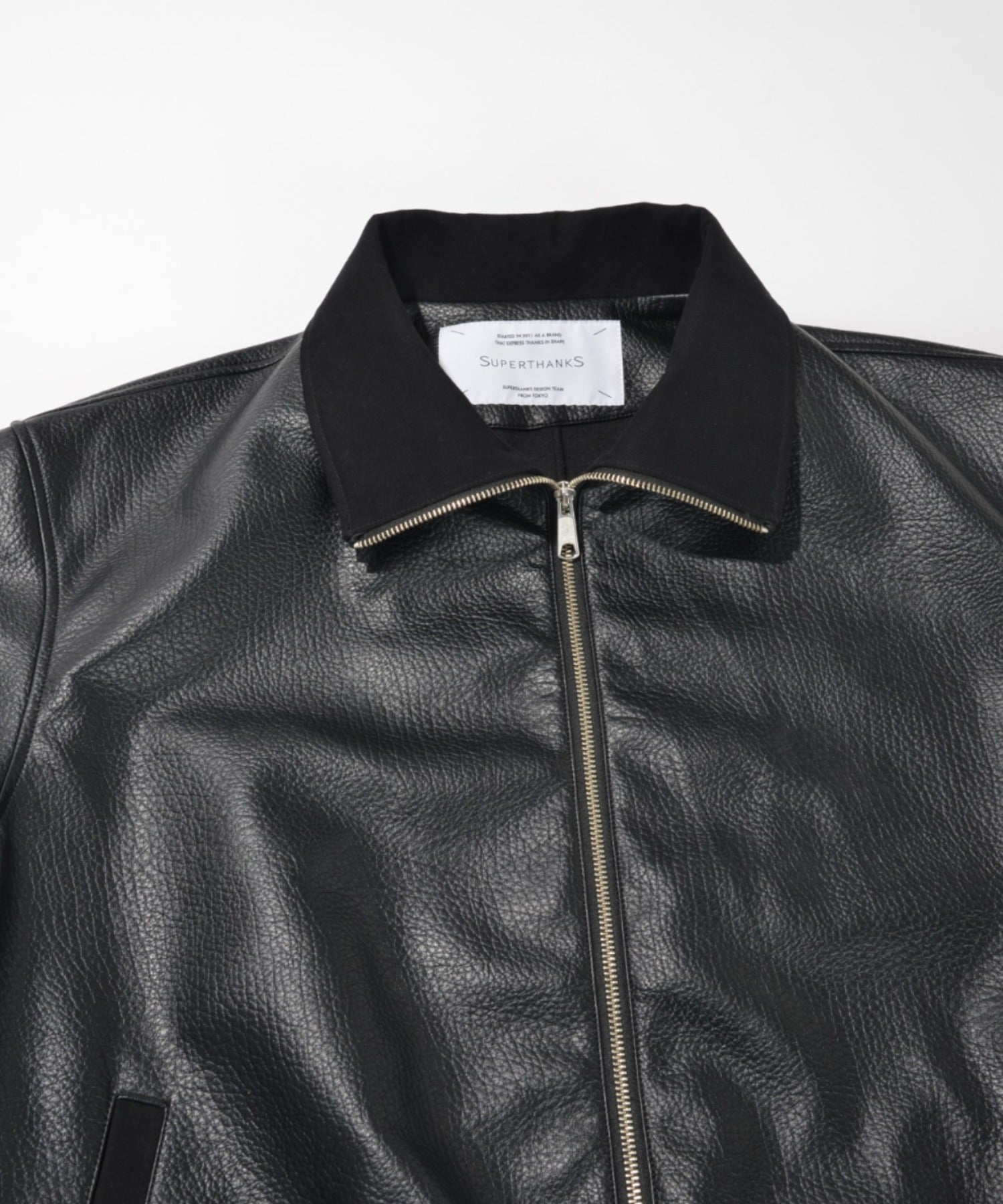 Shrink faux leather stand-collar zip blouson - faux leather black