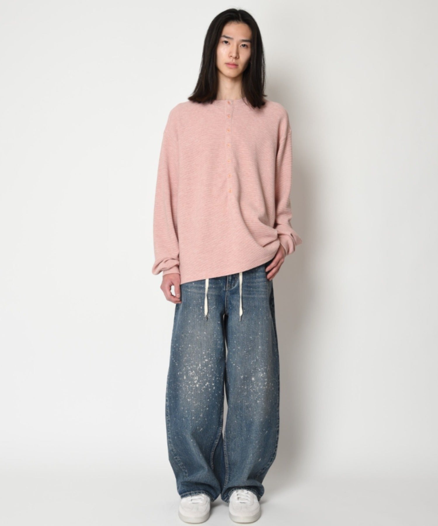 Waffle henley neck L/S T-shirt - pink