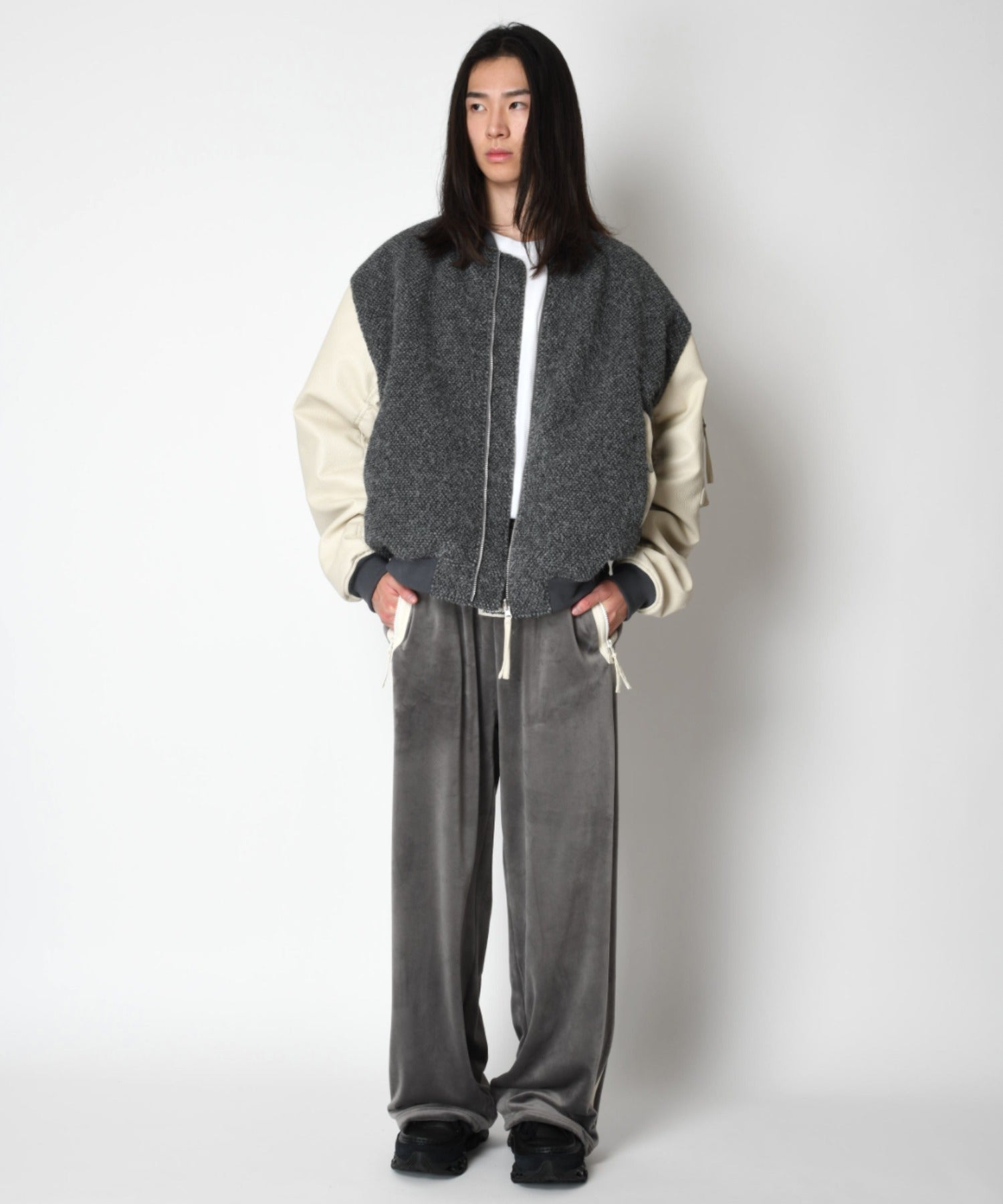 Fur/Shrink faux leather Reversible Flight jacket  - gray/off white