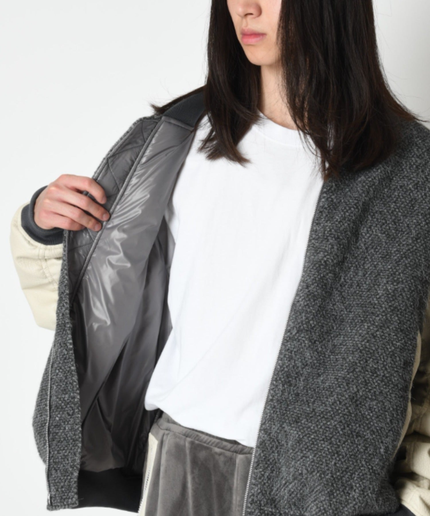 Fur/Shrink faux leather Reversible Flight jacket  - gray/off white