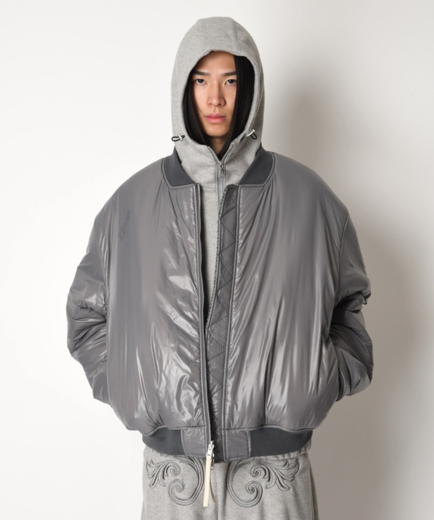 Fur/Shrink faux leather Reversible Flight jacket  - gray/off white
