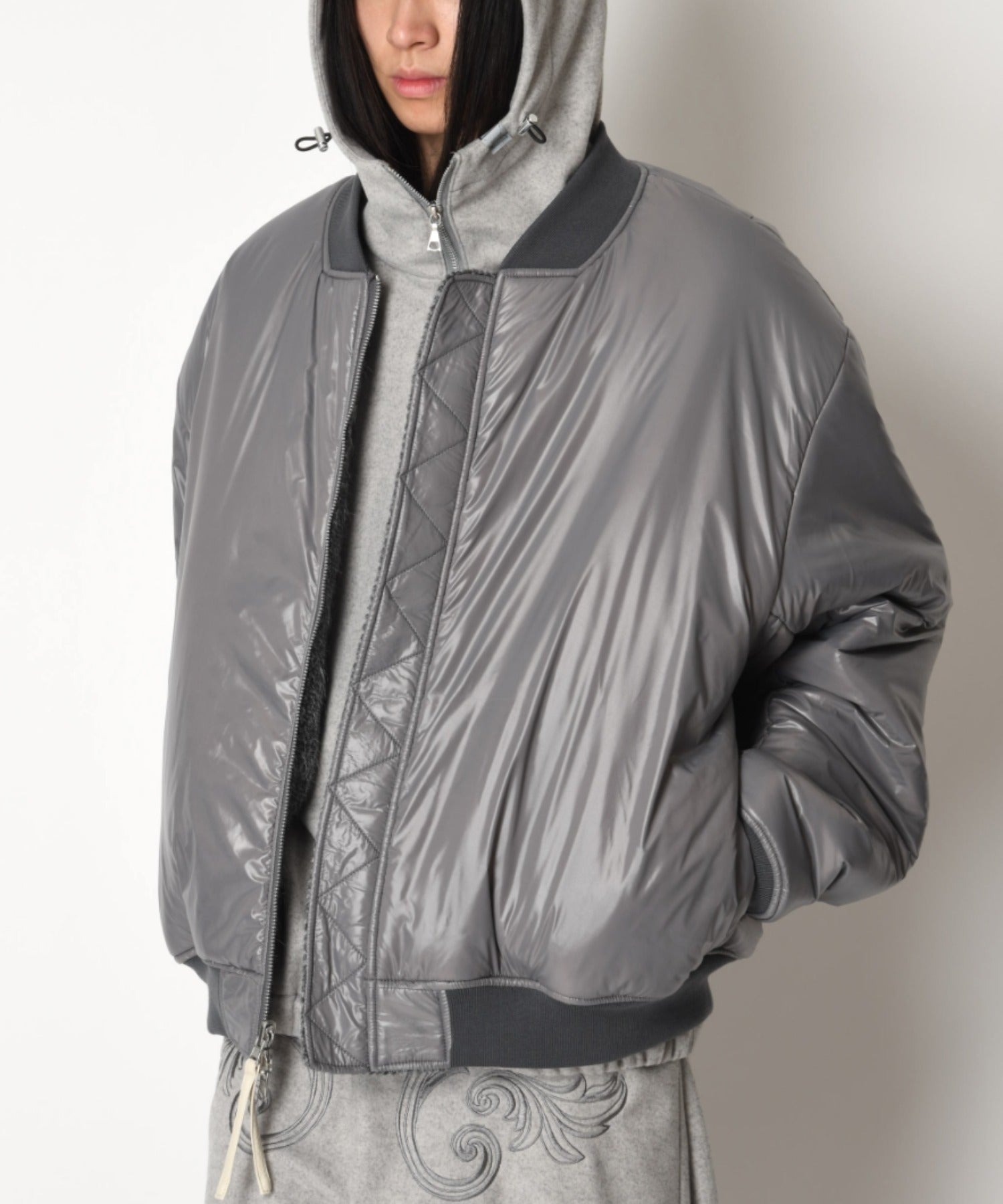Fur/Shrink faux leather Reversible Flight jacket  - gray/off white