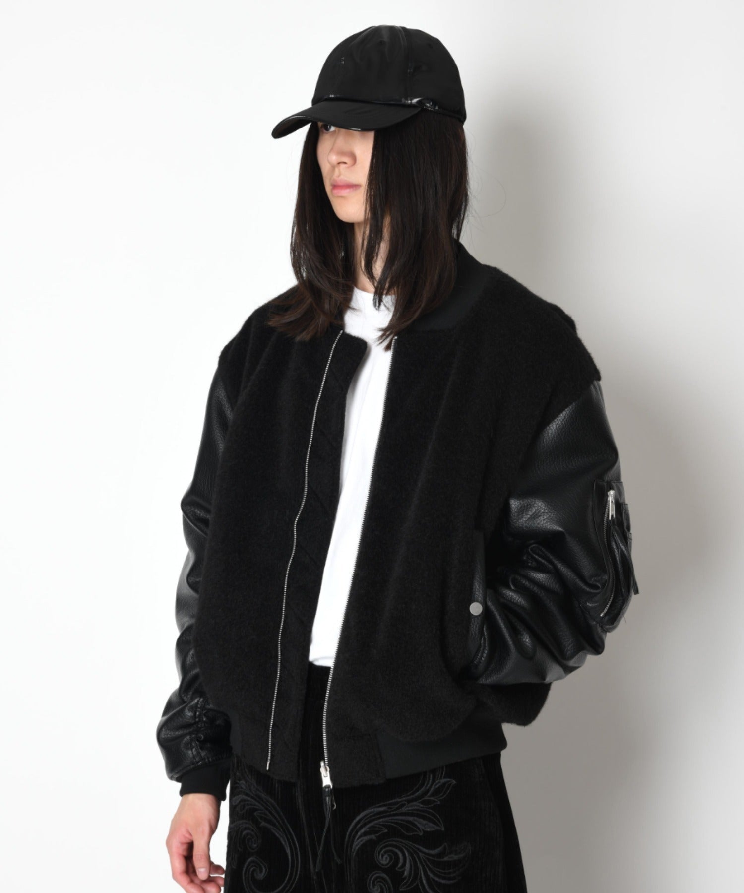 Fur/Shrink faux leather Reversible Flight jacket  - black/black
