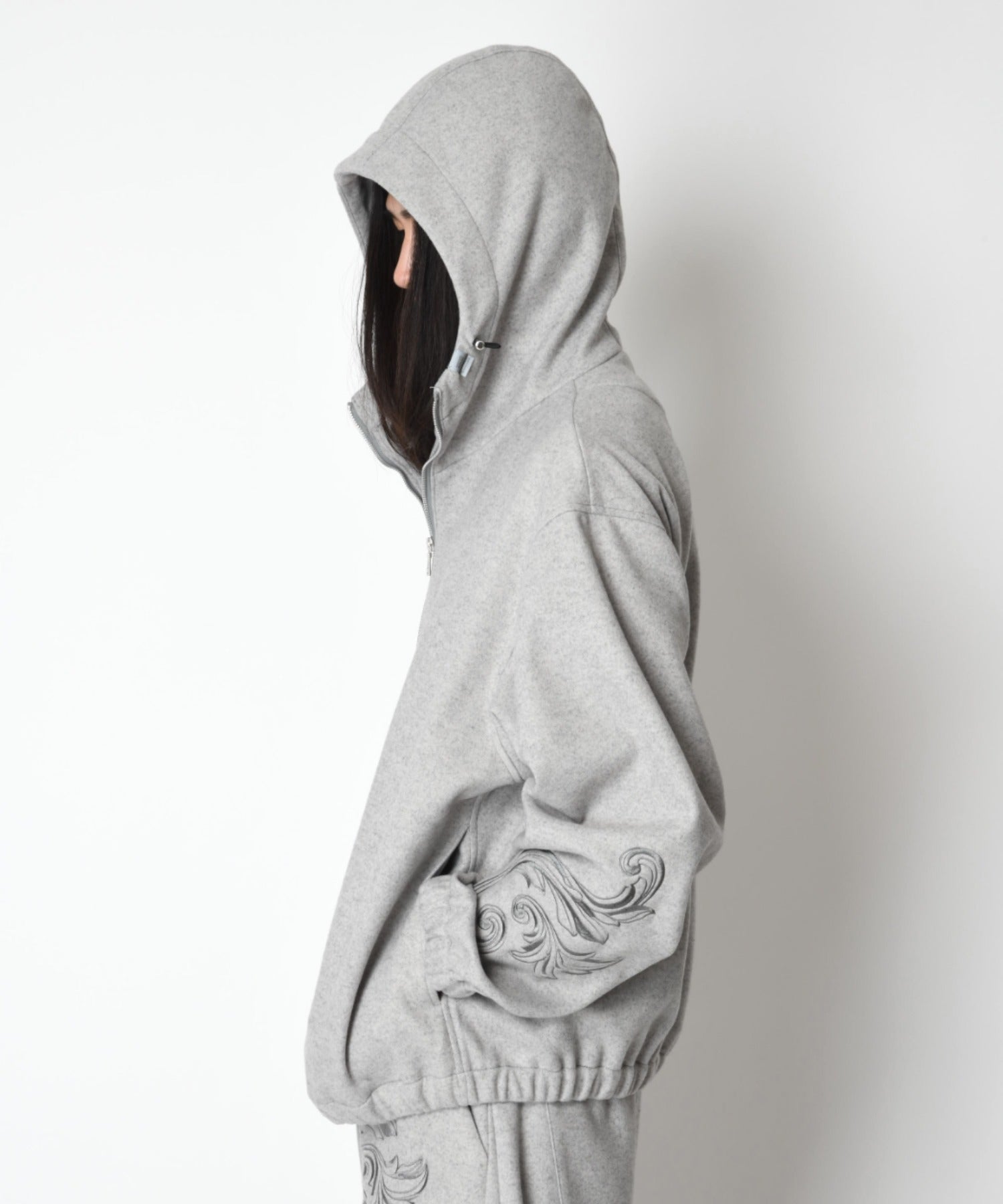 Stretch wool like Half zip hoodie (刺繍無)  - mix gray