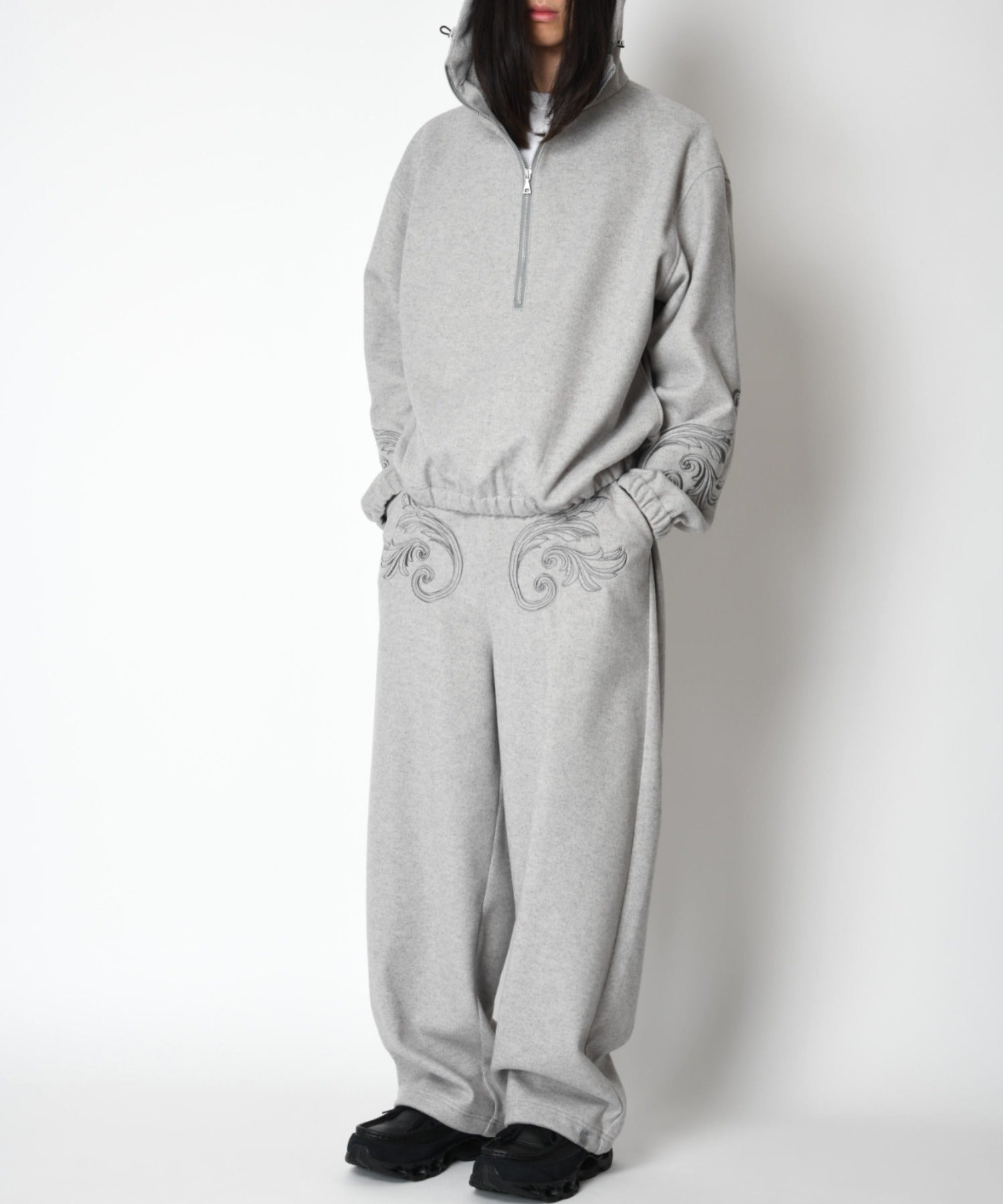 Stretch wool like Half zip hoodie (刺繍無)  - mix gray