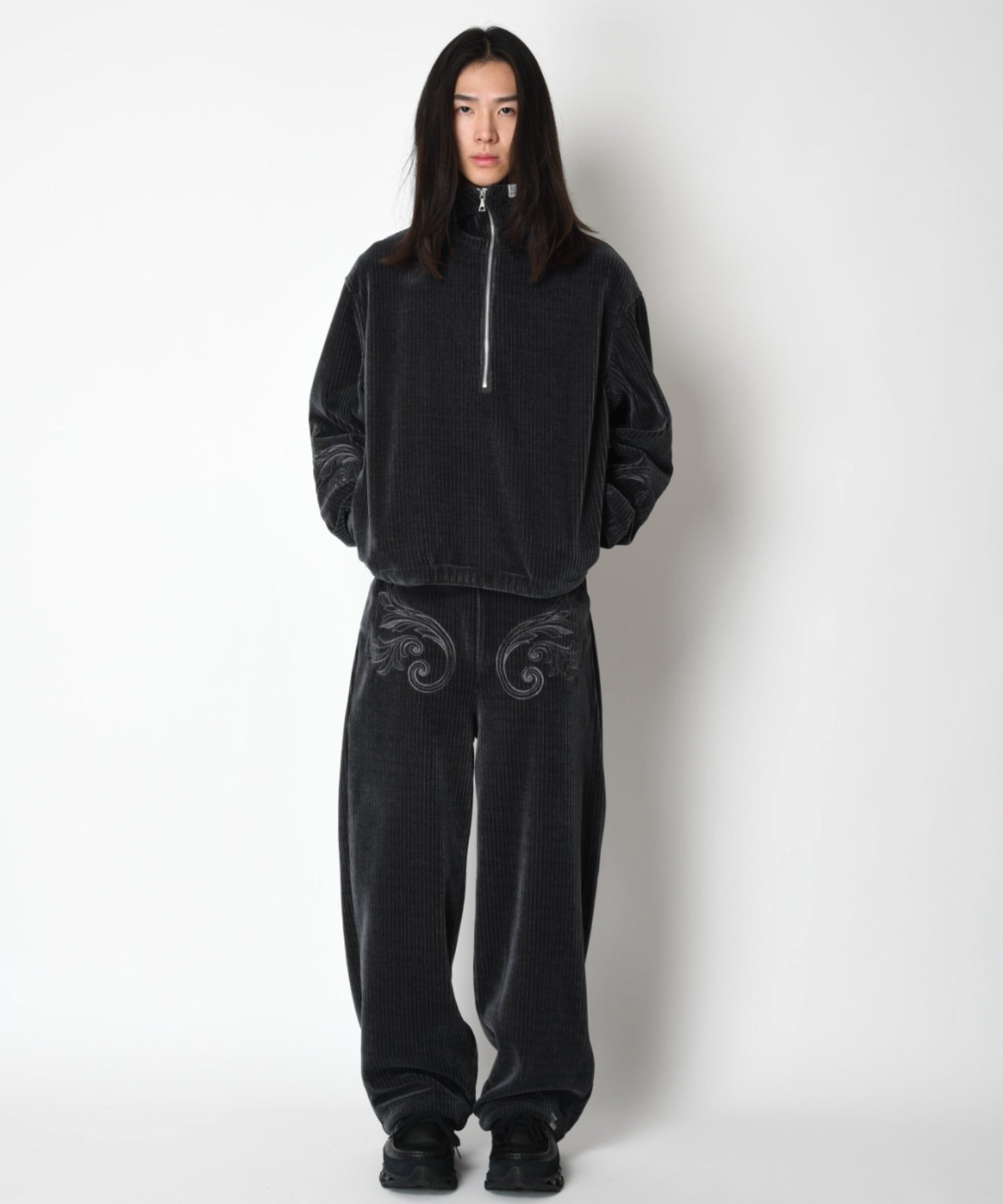 Stretch corduroy Half zip hoodie - c.gray