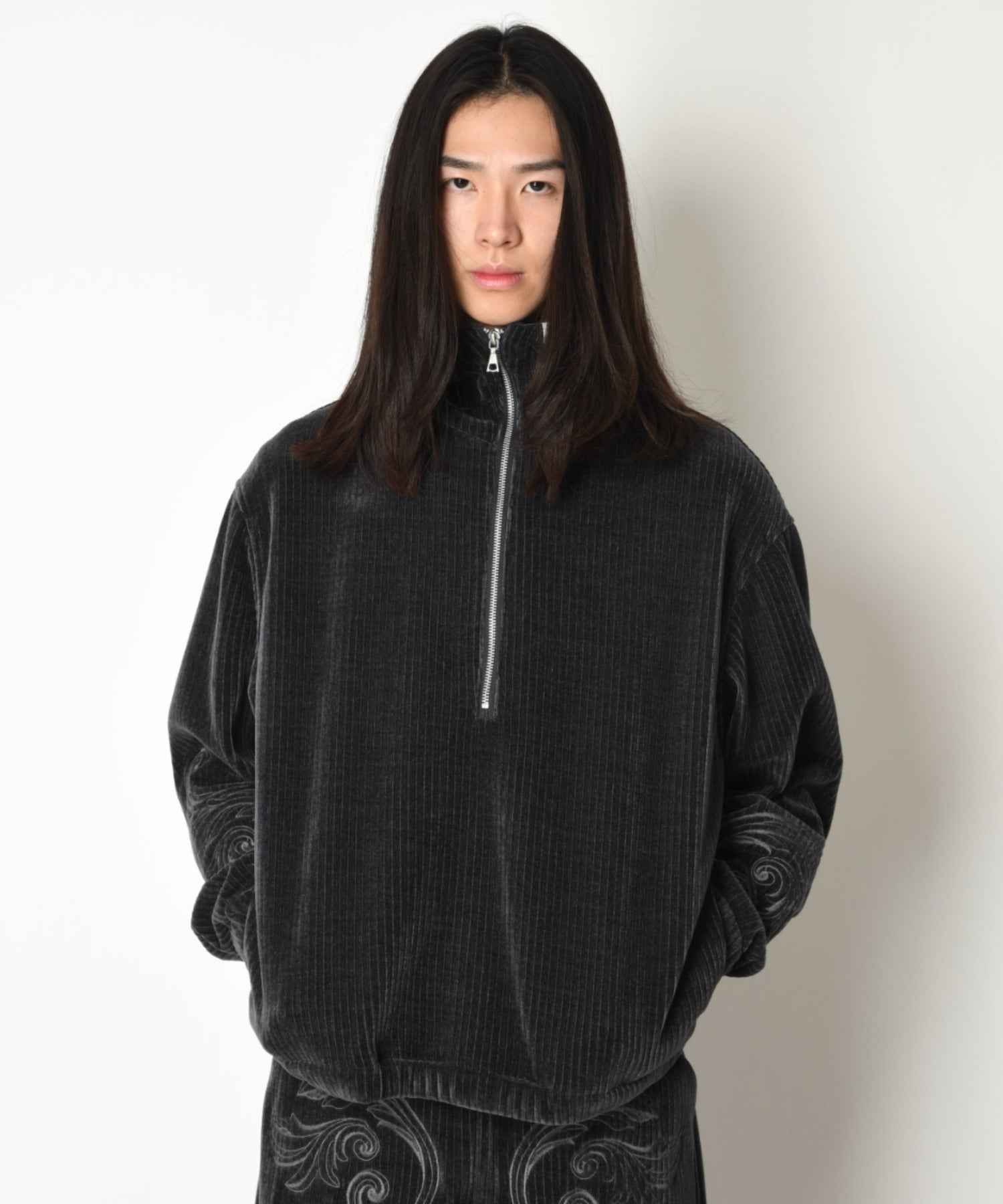 Stretch corduroy Half zip hoodie - c.gray