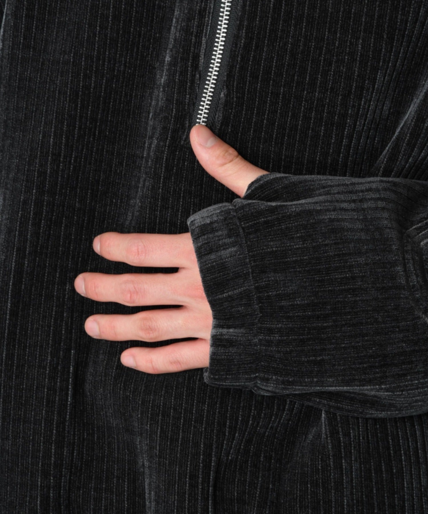 Stretch corduroy Half zip hoodie - black