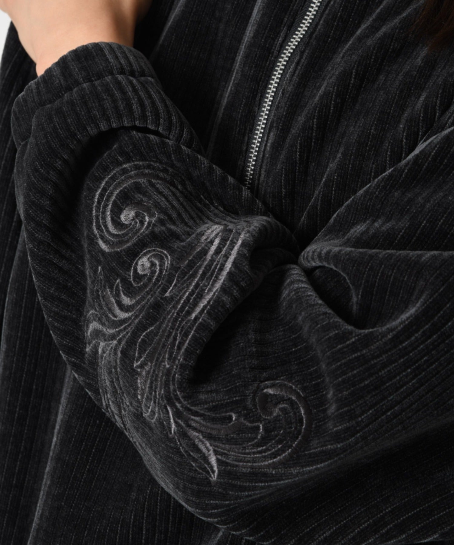 Stretch corduroy Half zip hoodie - black