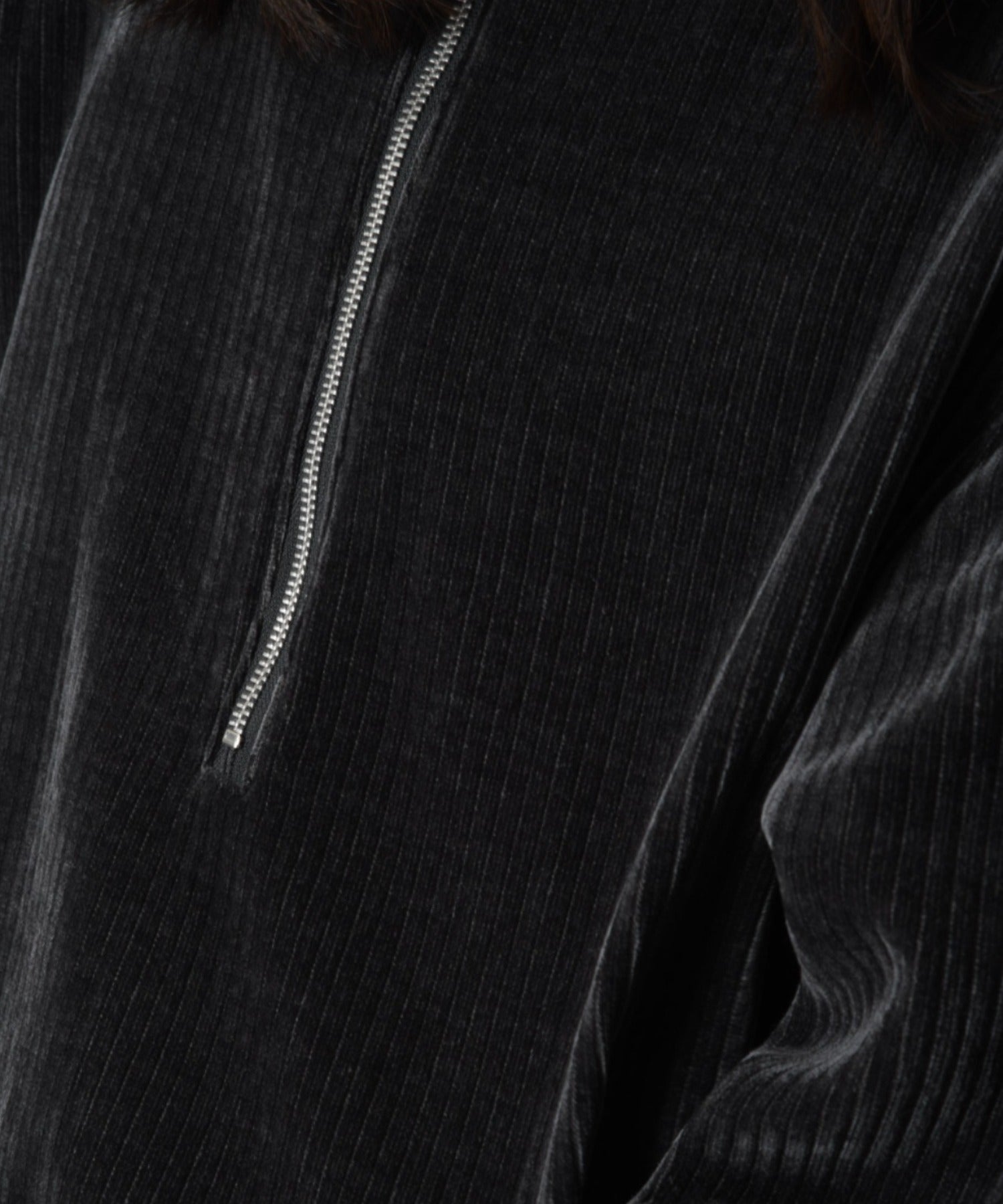 Stretch corduroy Half zip hoodie - black