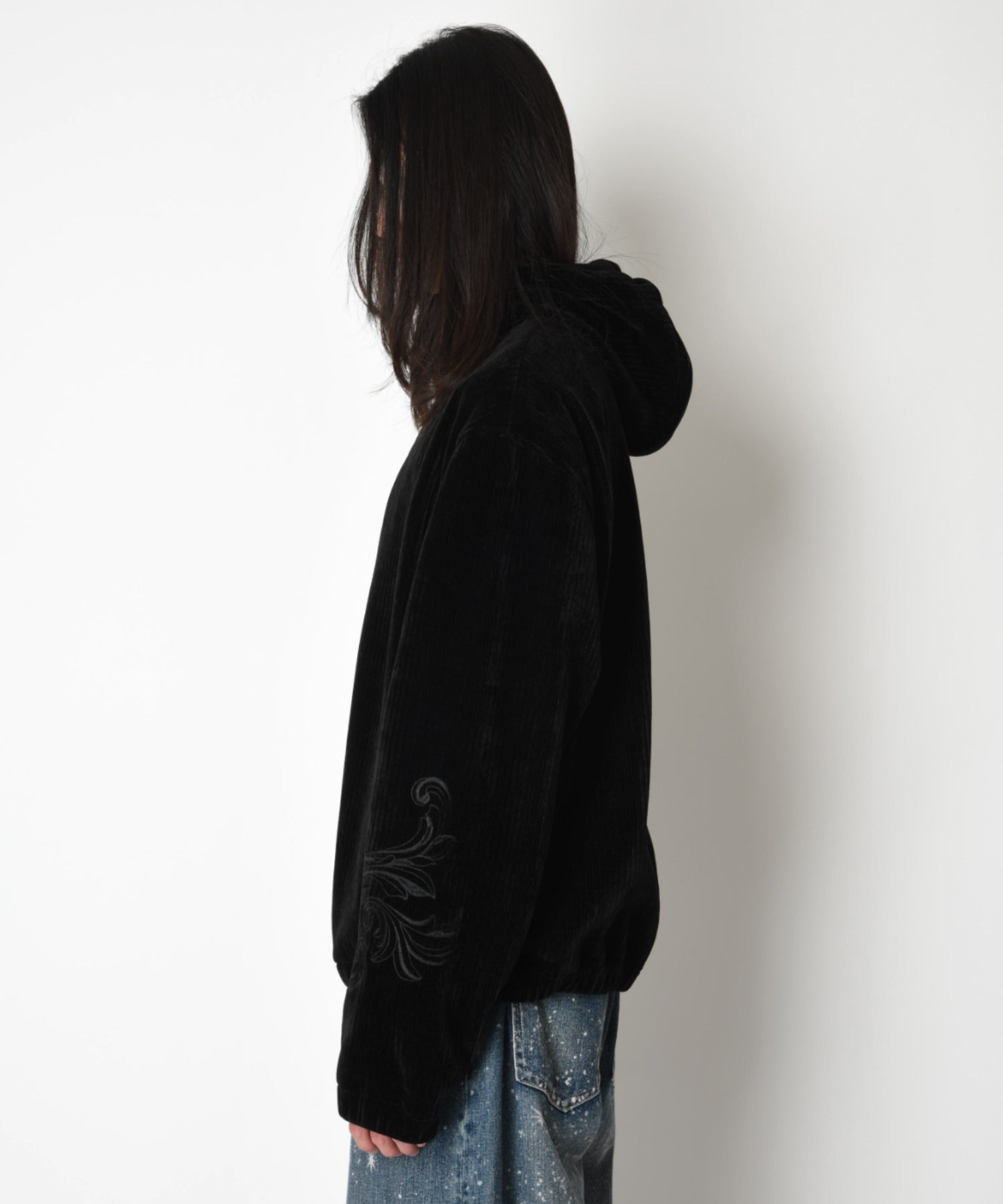Stretch corduroy Half zip hoodie - black