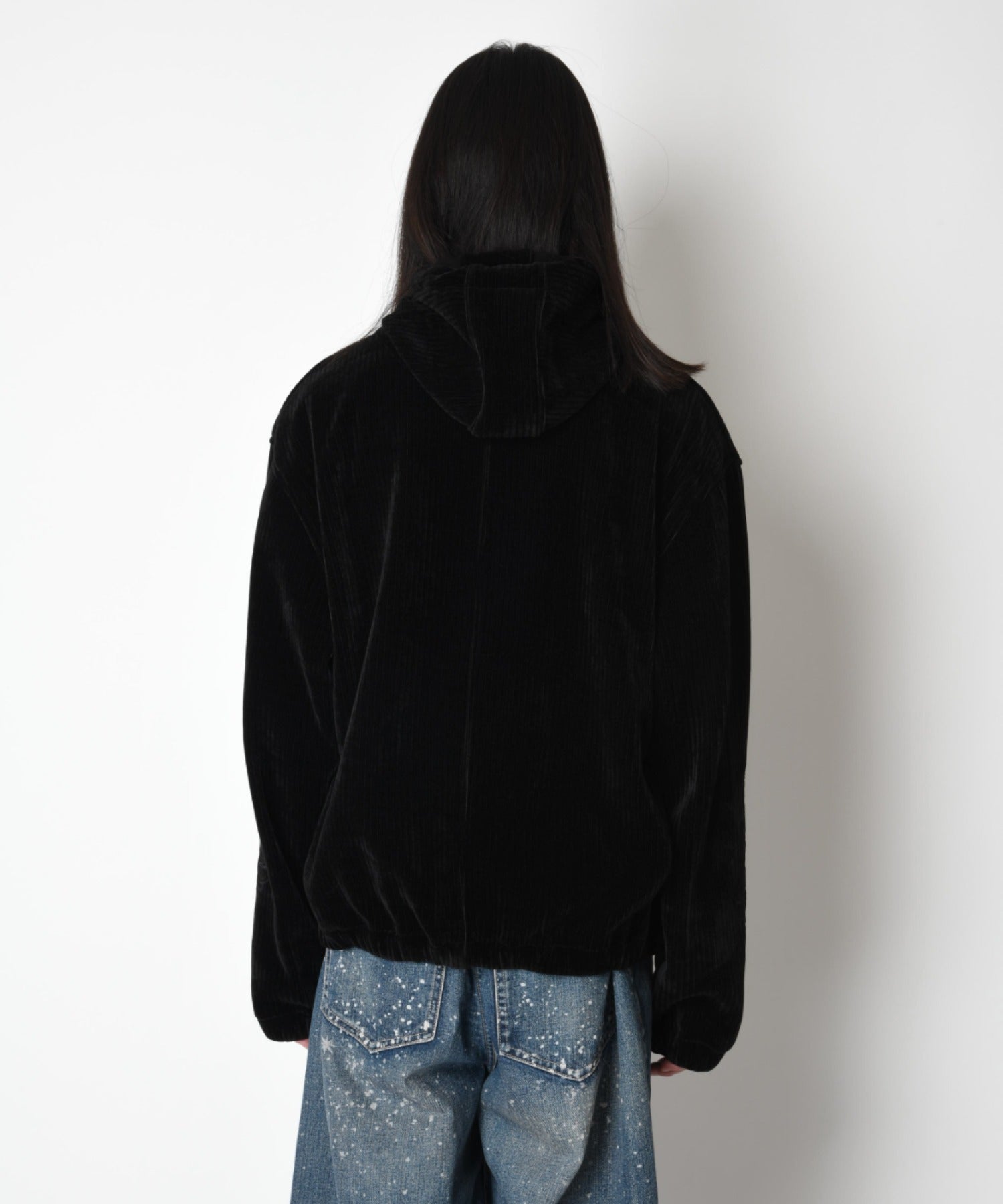 Stretch corduroy Half zip hoodie - black