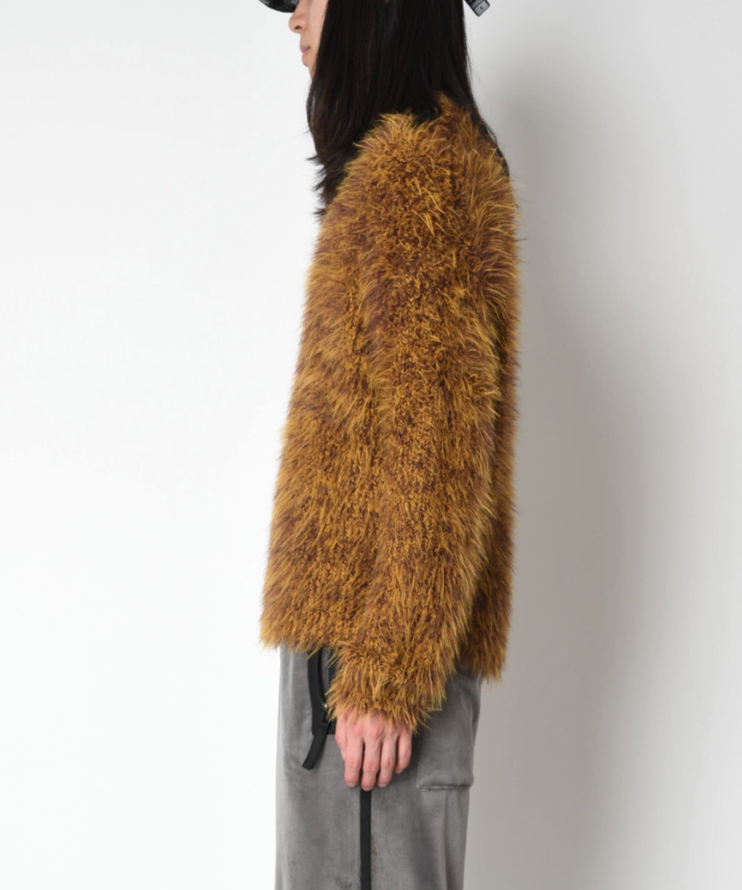 Crew neck volume shaggy knit - mustard/pr