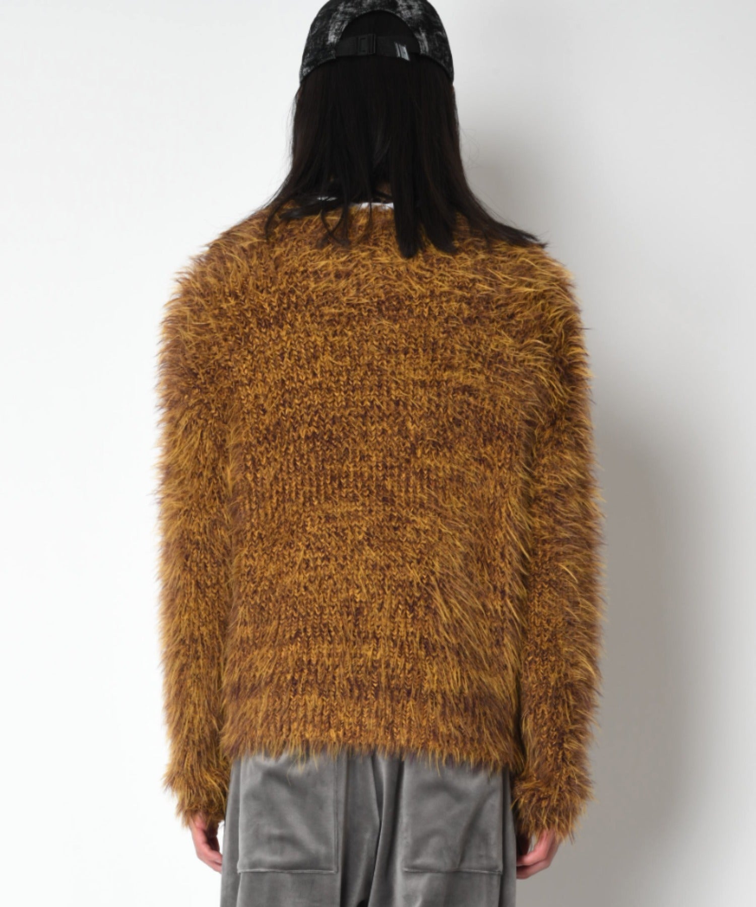 Crew neck volume shaggy knit - mustard/pr
