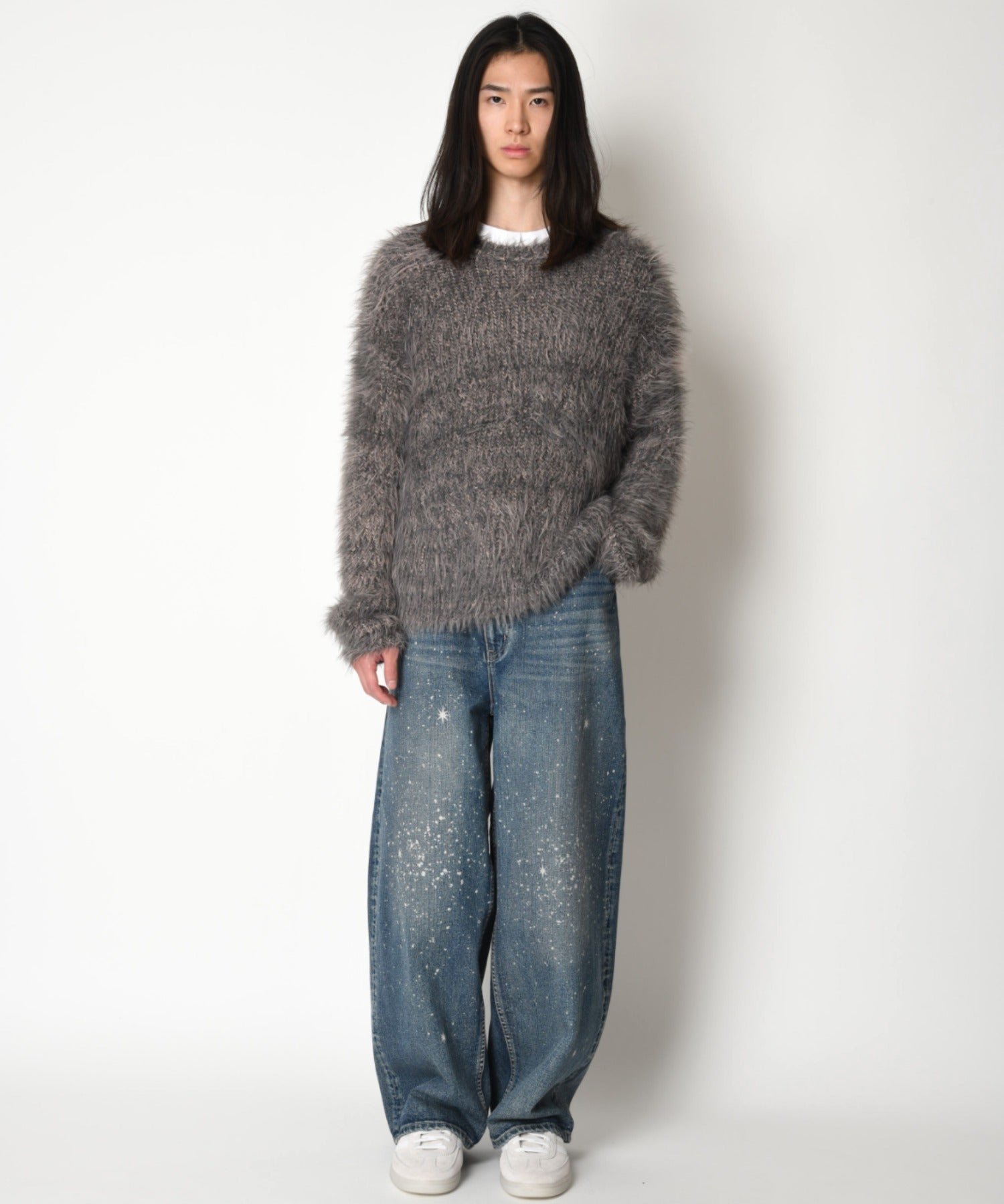 Crew neck volume shaggy knit - gray/bk