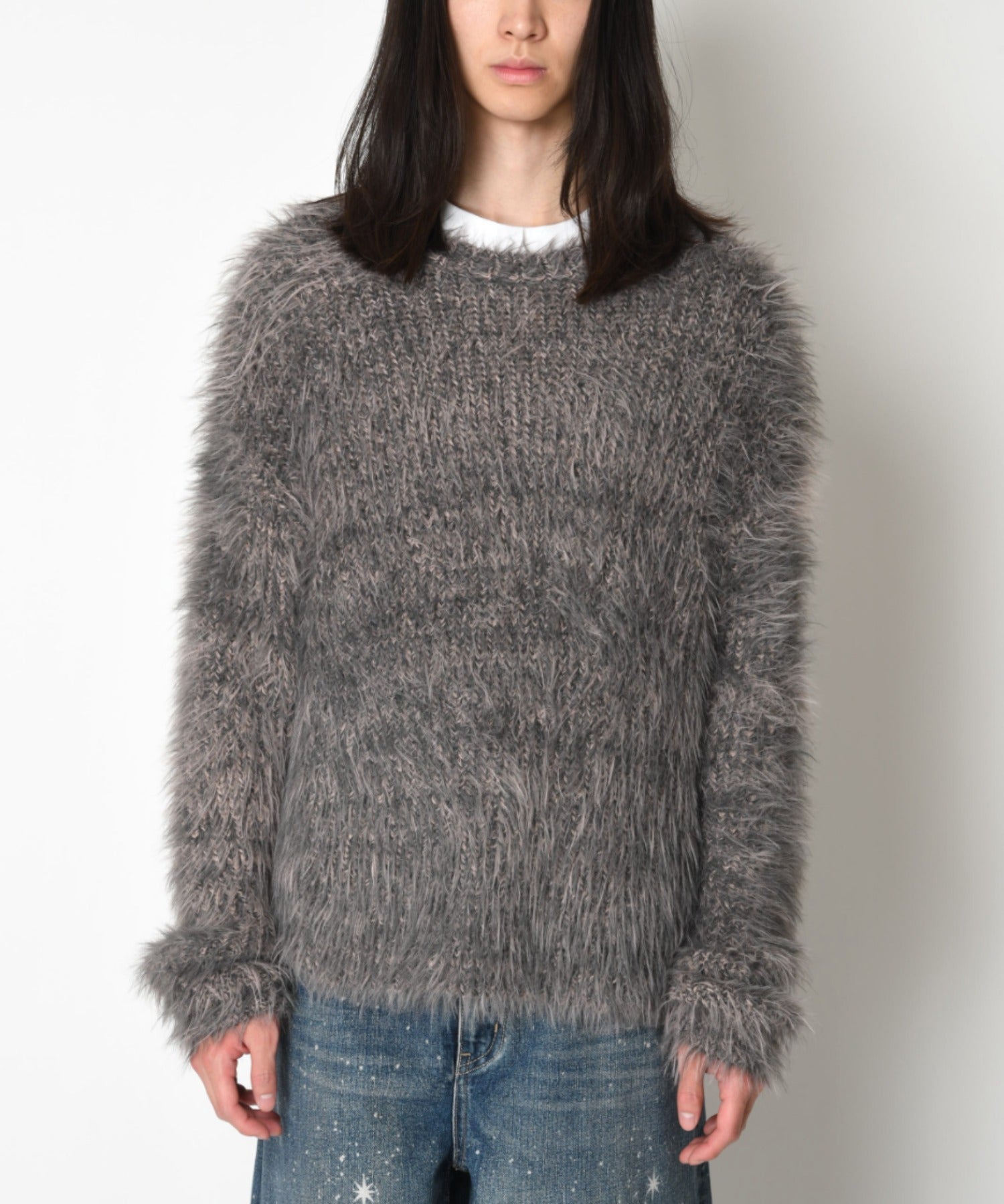 Crew neck volume shaggy knit - gray/bk