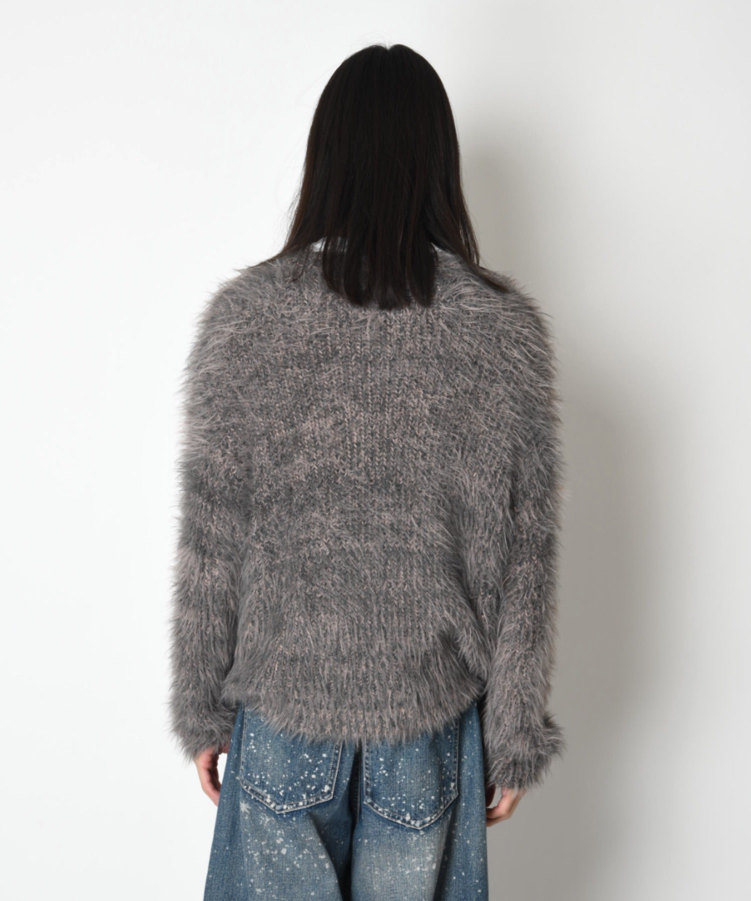 Crew neck volume shaggy knit - gray/bk