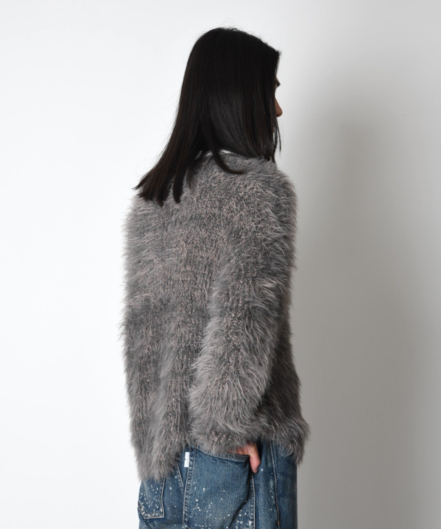 Crew neck volume shaggy knit - gray/bk