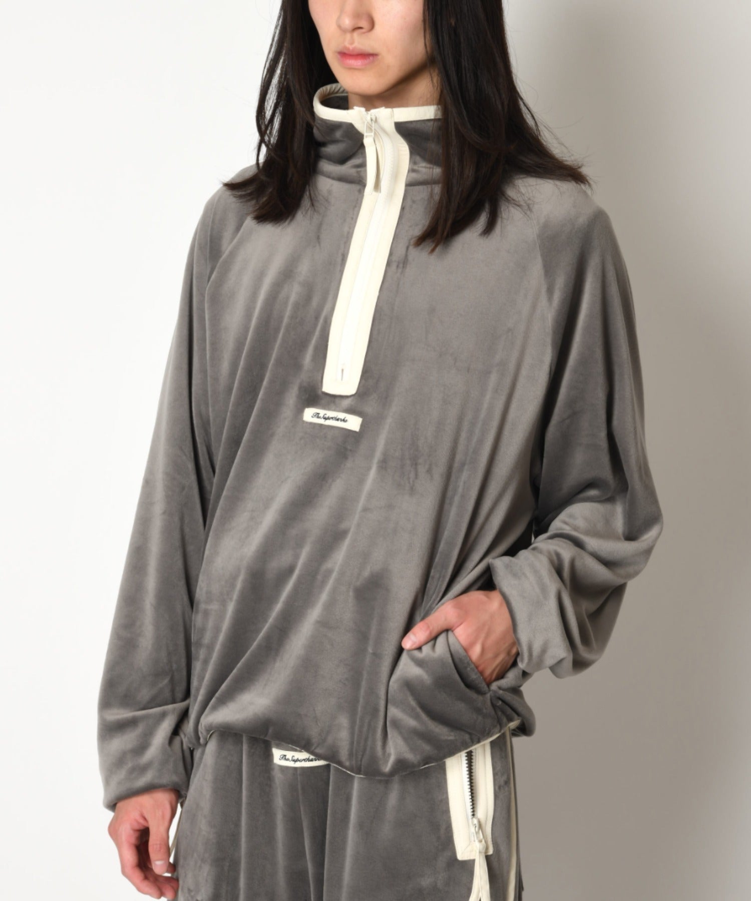 Velour Half zip pullover - gray/wh