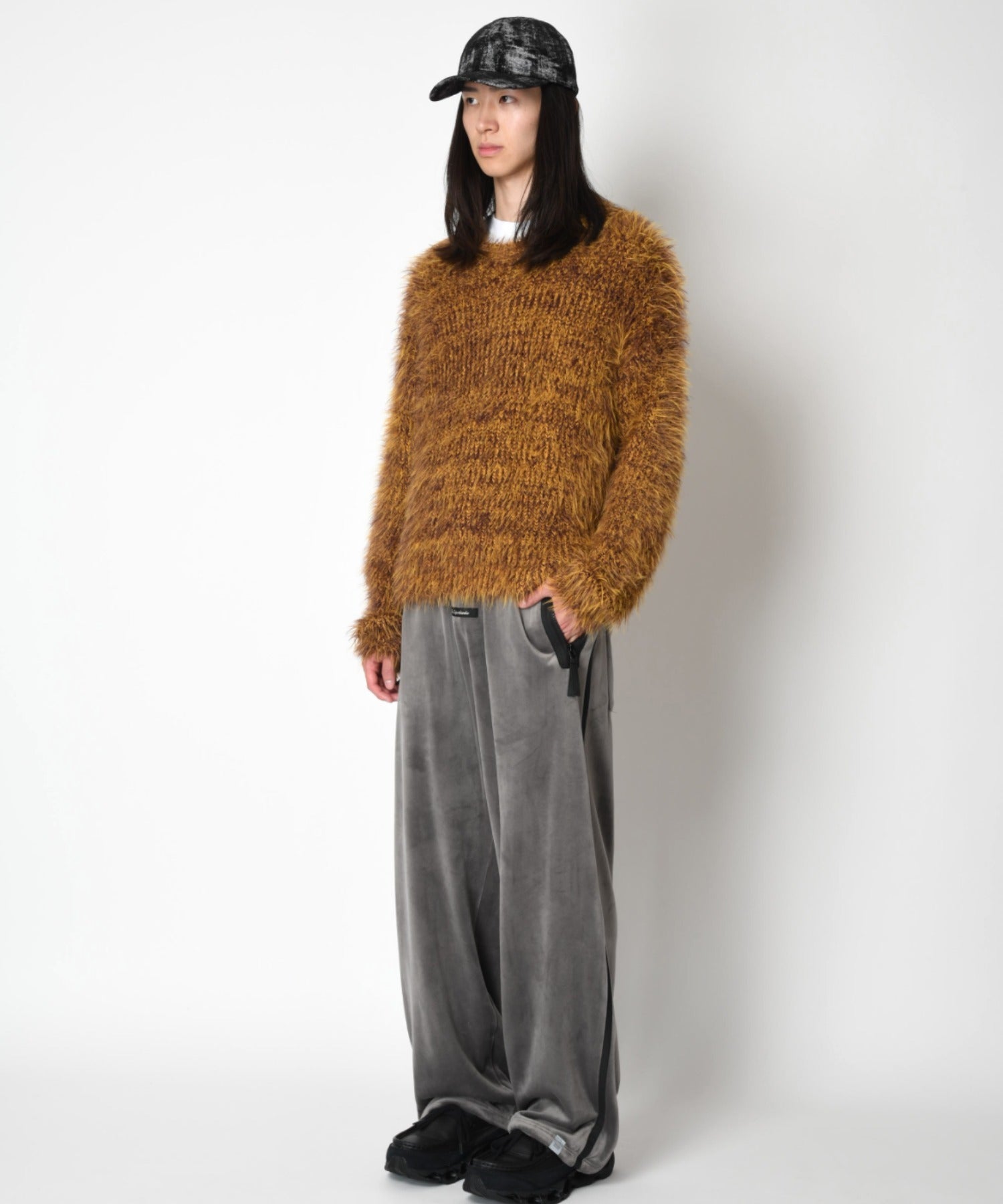 Velour barrel leg line pants - gray/bk