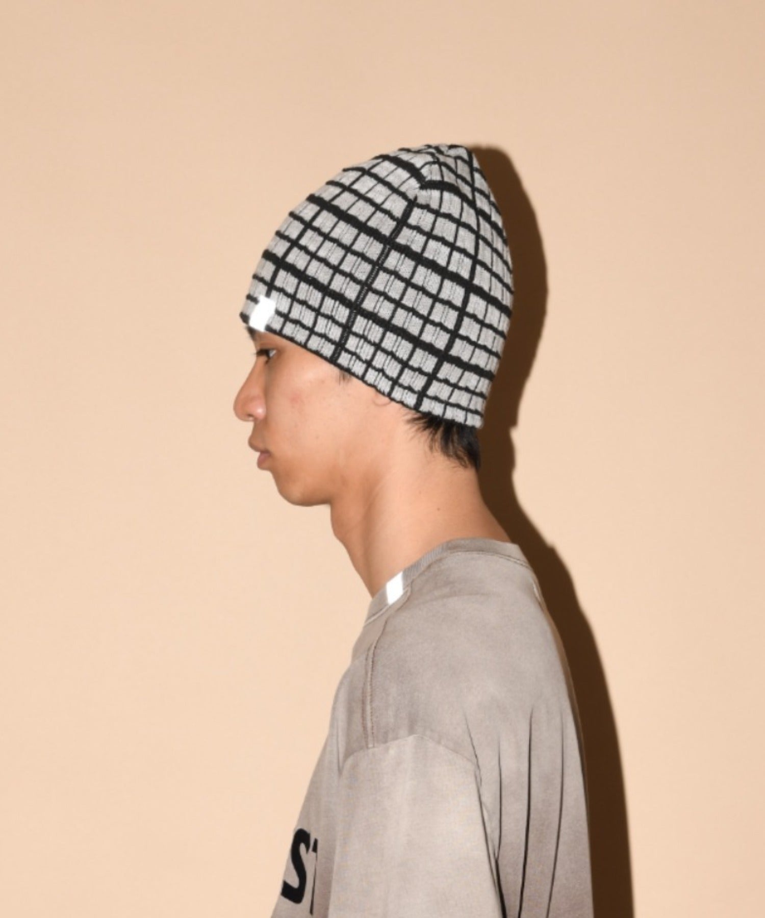 Graph check Knit Reversible Beanie - c.gray/black