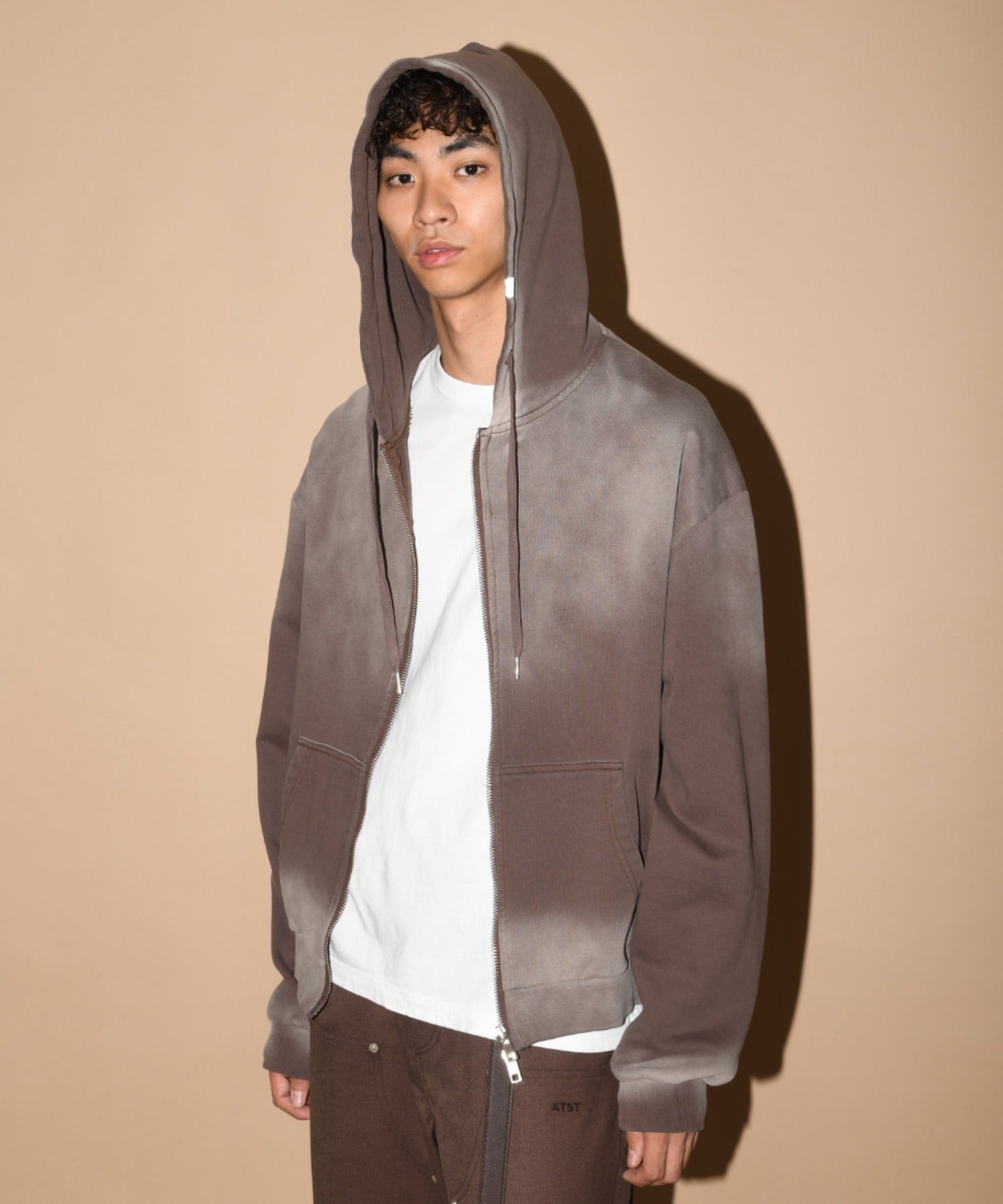 Sun faded Flocky print Zip-Hoodie Sweat - brown