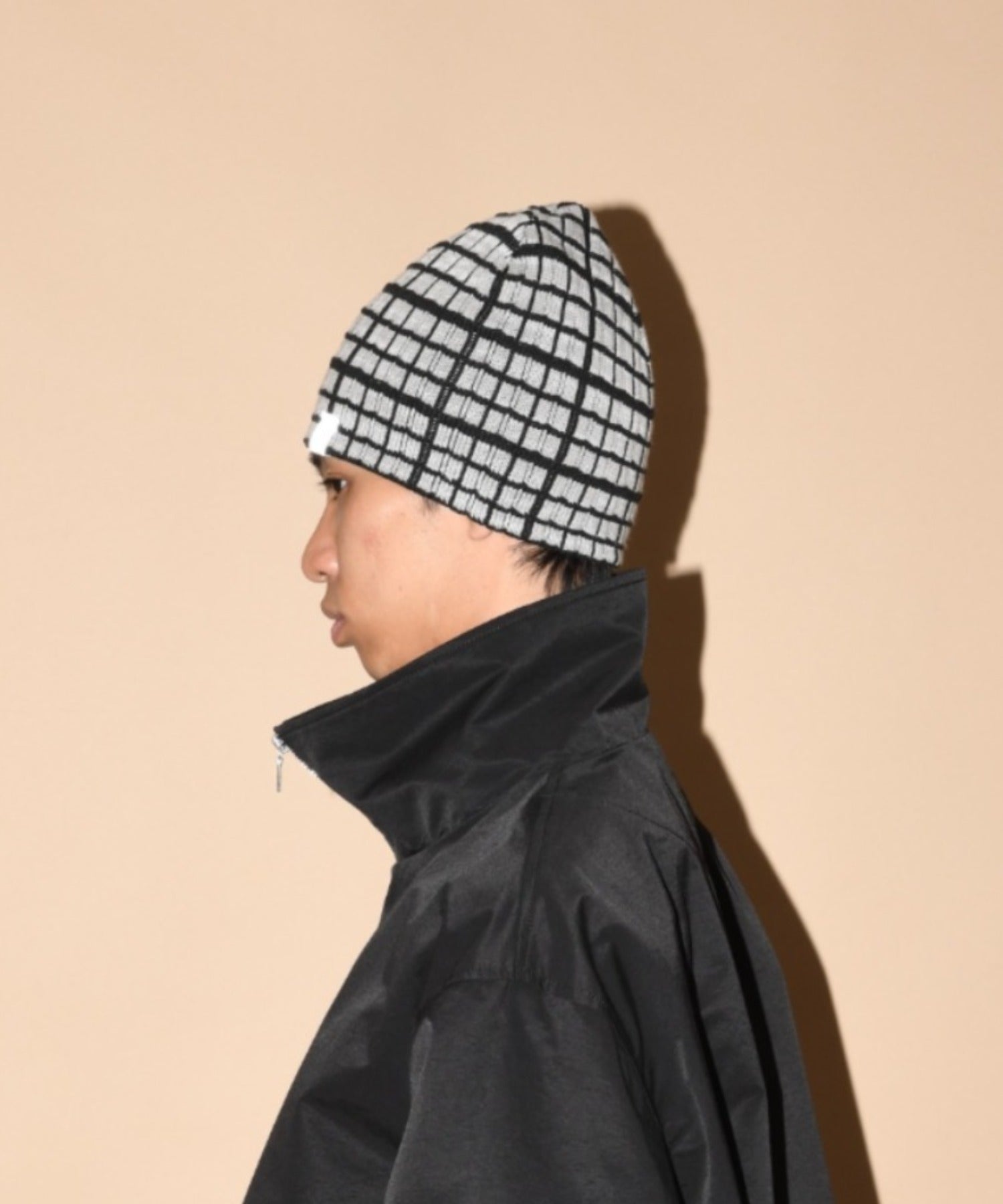 Graph check Knit Reversible Beanie - c.gray/black