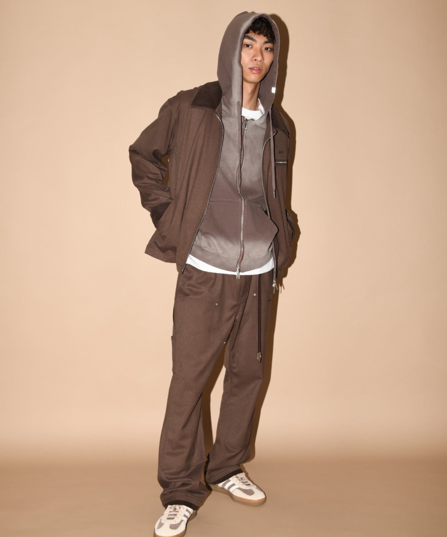 Sun faded Flocky print Zip-Hoodie Sweat - brown