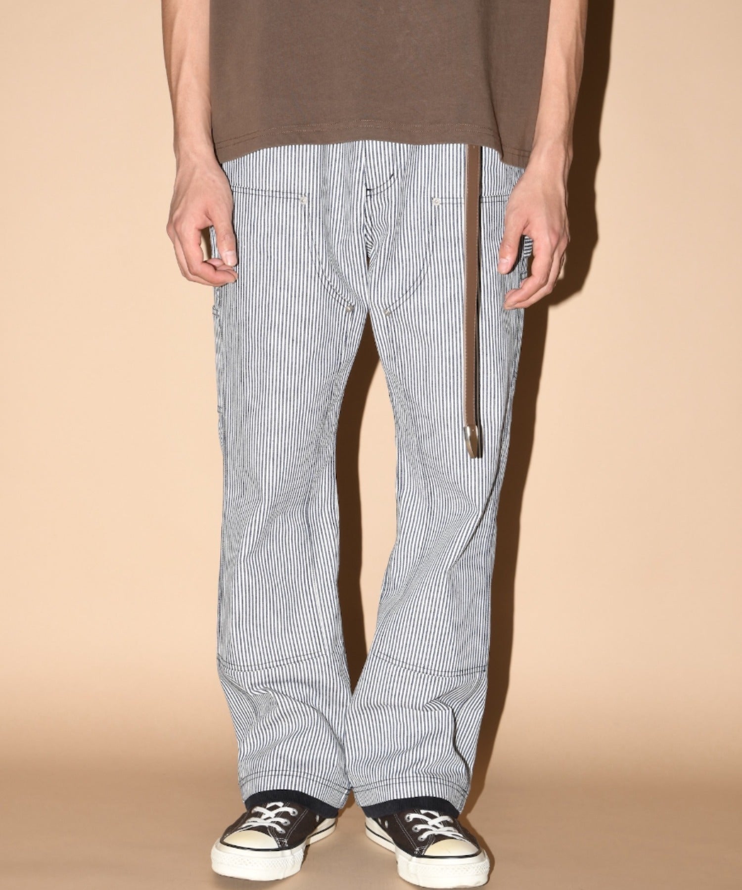 Layered hem Double knee Pants - black