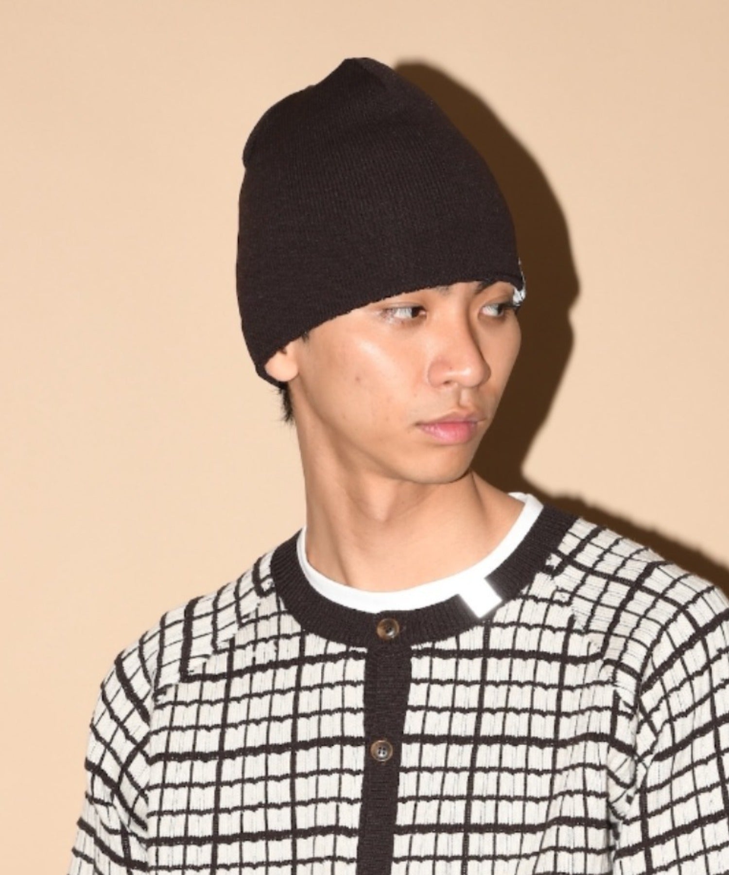 Graph check Knit Reversible Beanie - cream/brown