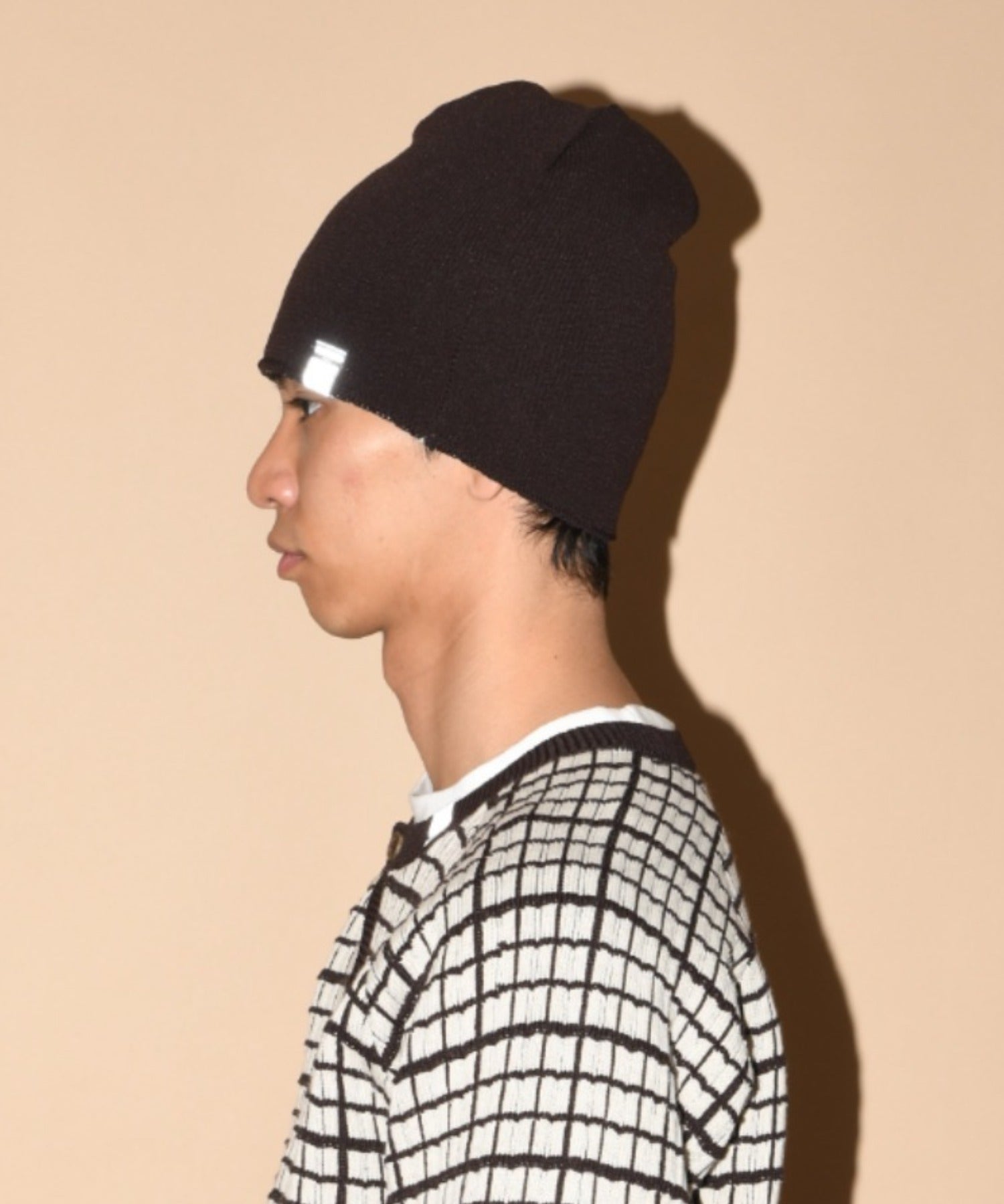 Graph check Knit Reversible Beanie - c.gray/black