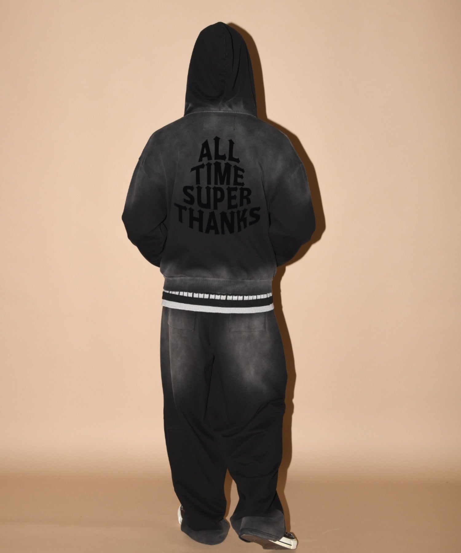 Sun faded Flocky print Zip-Hoodie Sweat - black
