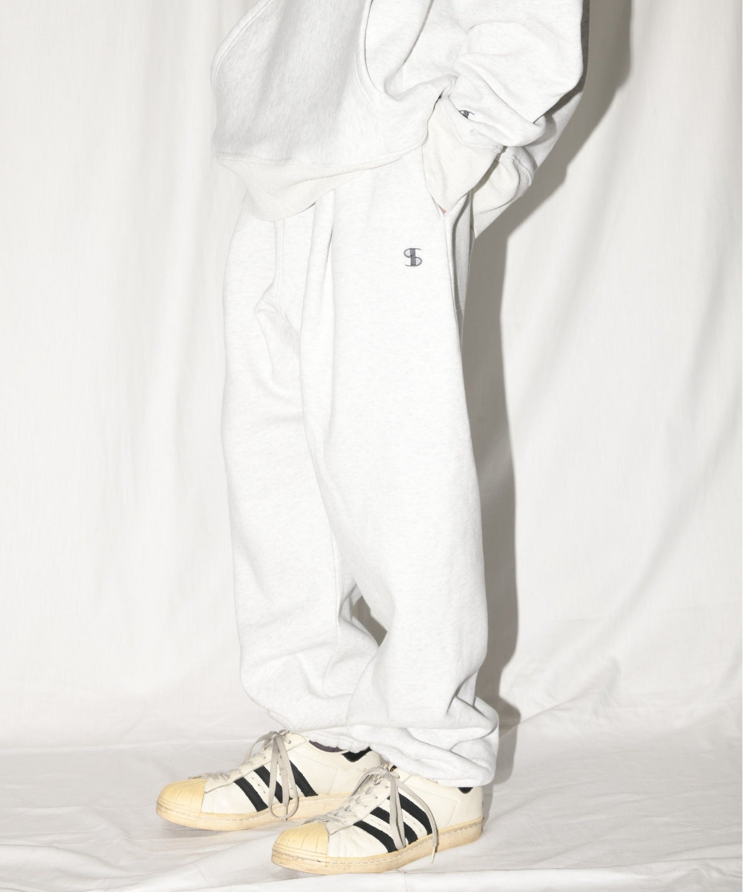 無地ワンポイント裏起毛スウェットパンツ/Wide sweat trousers - navy